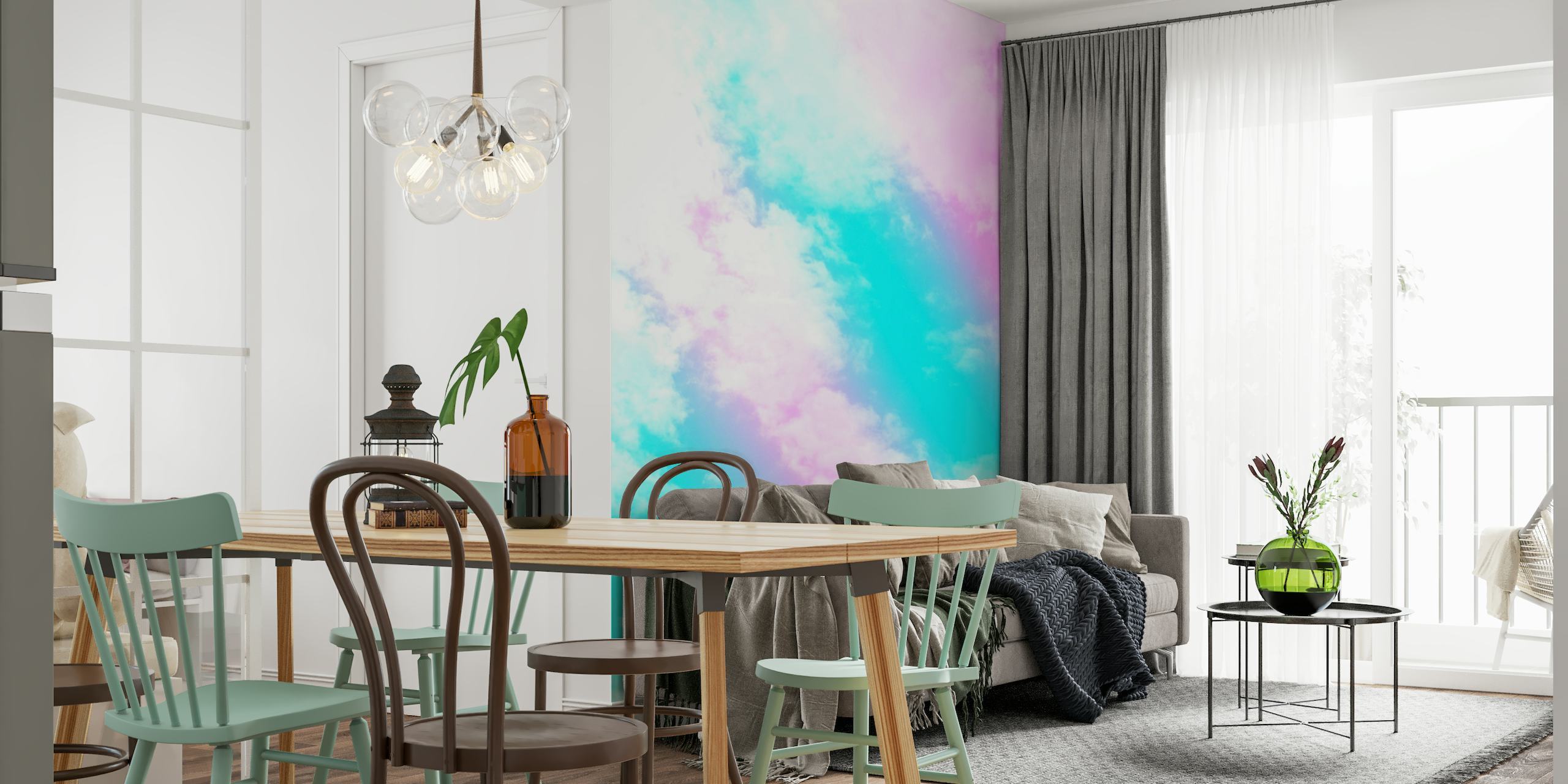 Whimsical aqua and pink cloud wall mural inviting a magical atmosphere