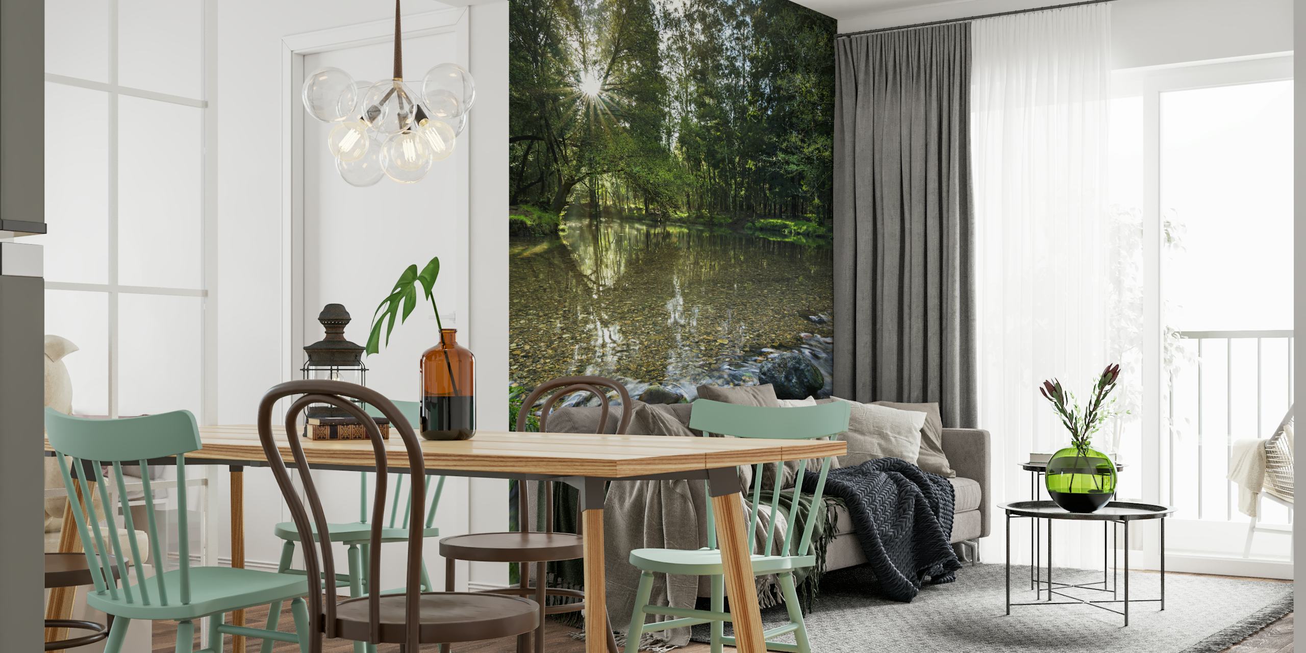 Sunlit Forest Stream behang in een kamer