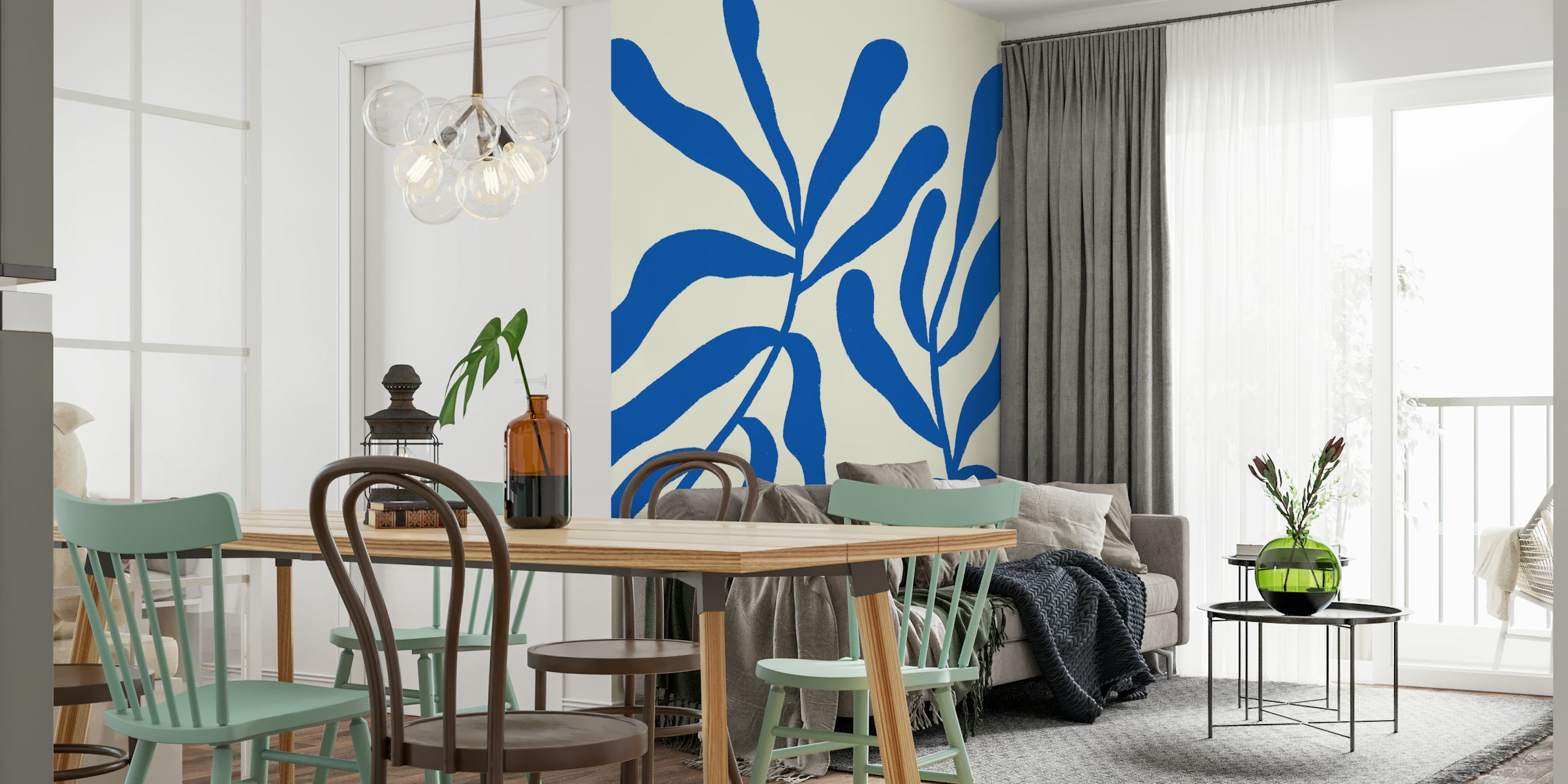 Blue stylized branches on cream background wallpaper