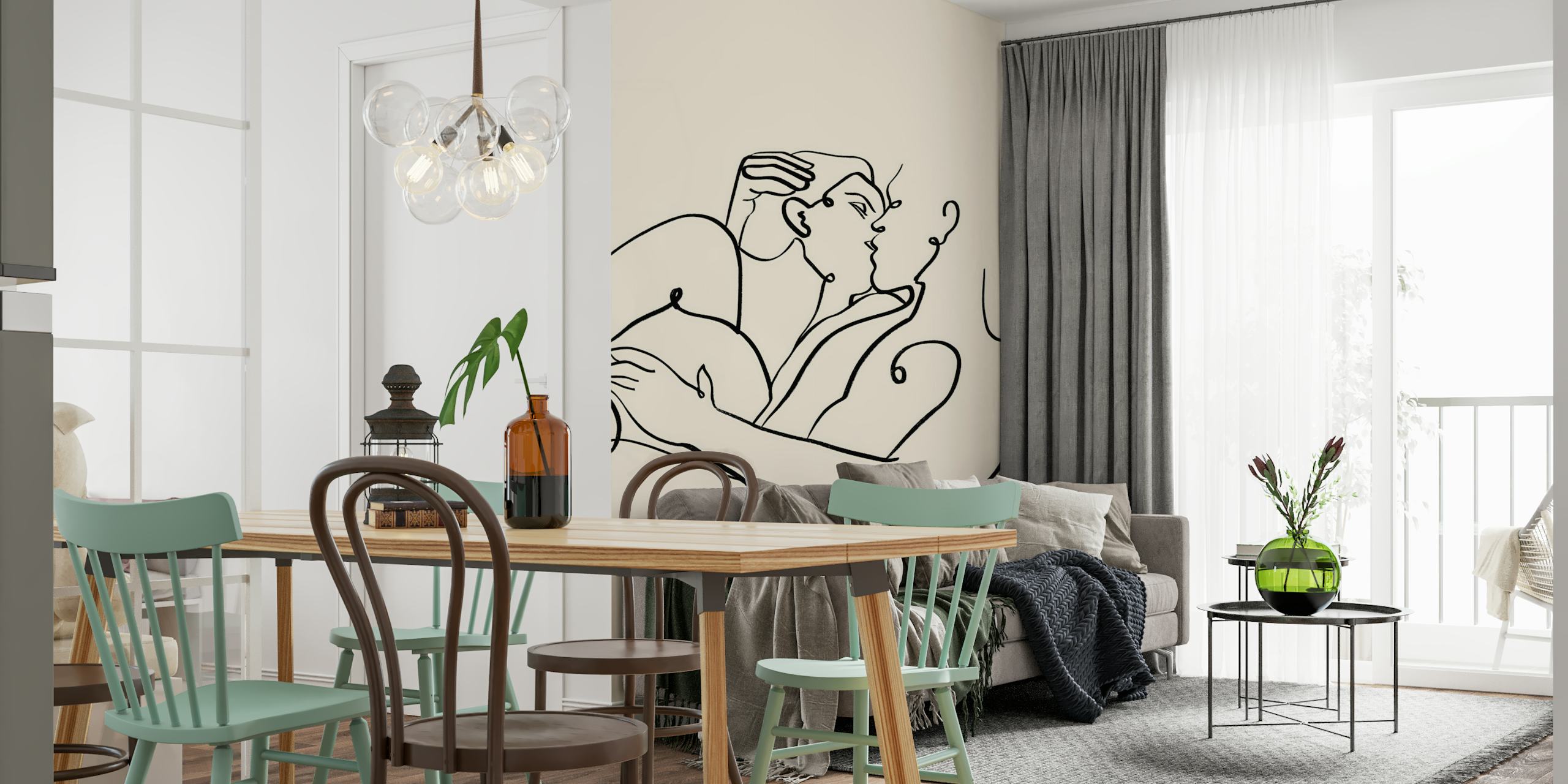 The Kiss Line Drawing wallpaper in a room