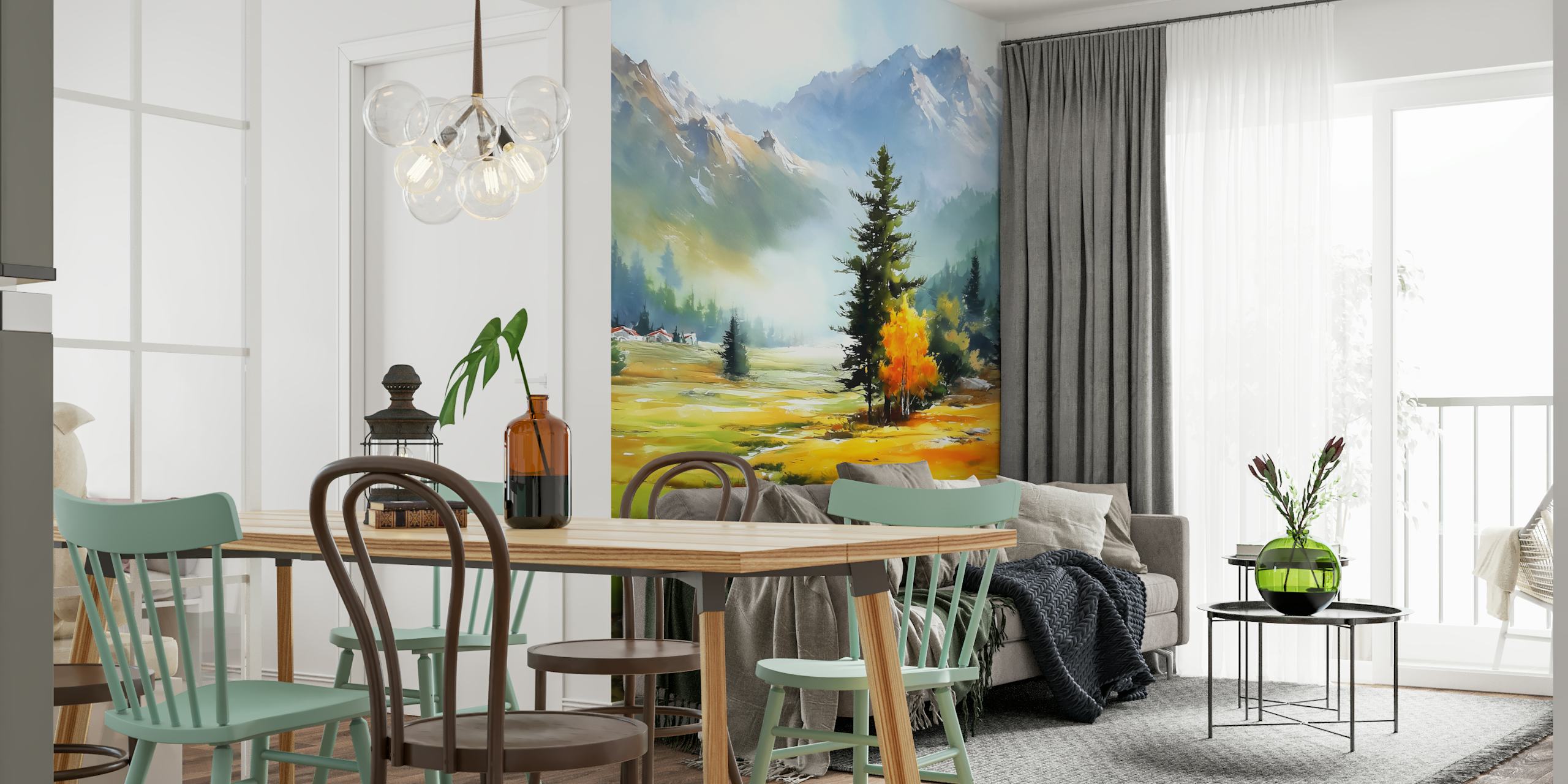 Mountain valley landscape with green grass, orange trees, and blue mountains wallpaper