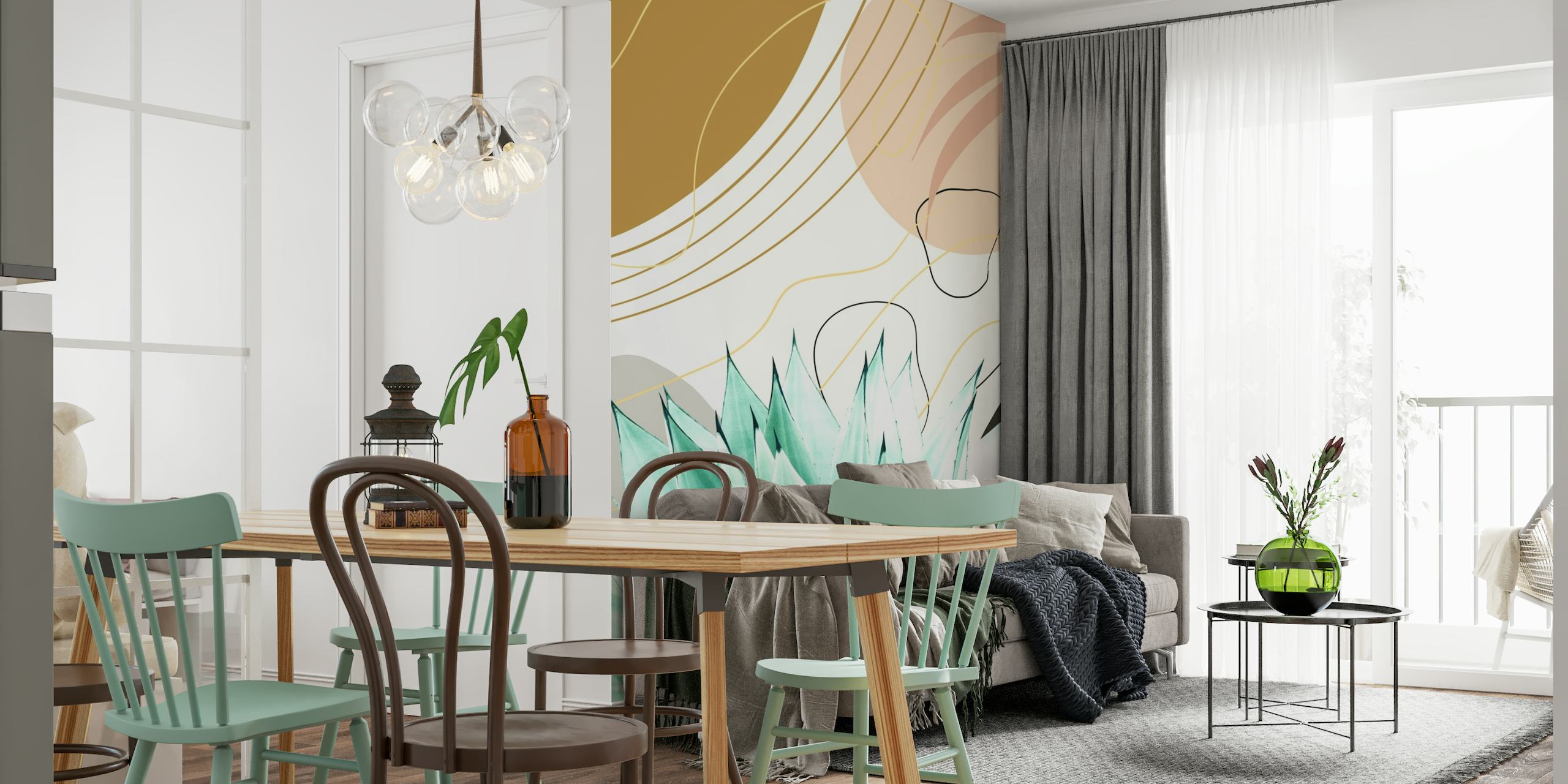 Planta de agave estilizada em um design abstrato com detalhes em cinza, creme e dourado em um mural de parede