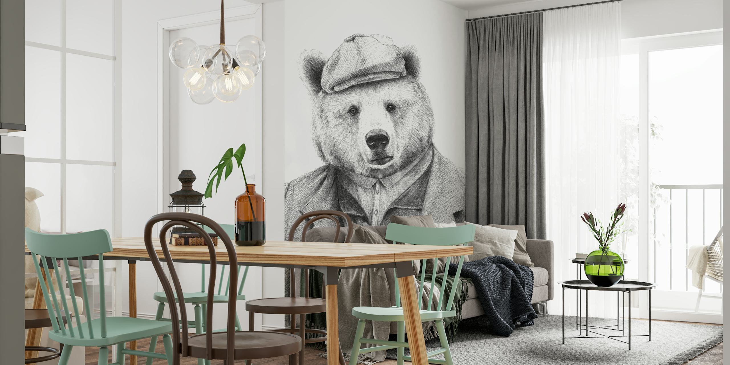 Illustration of a bear in a suit and cap, black and white wallpaper
