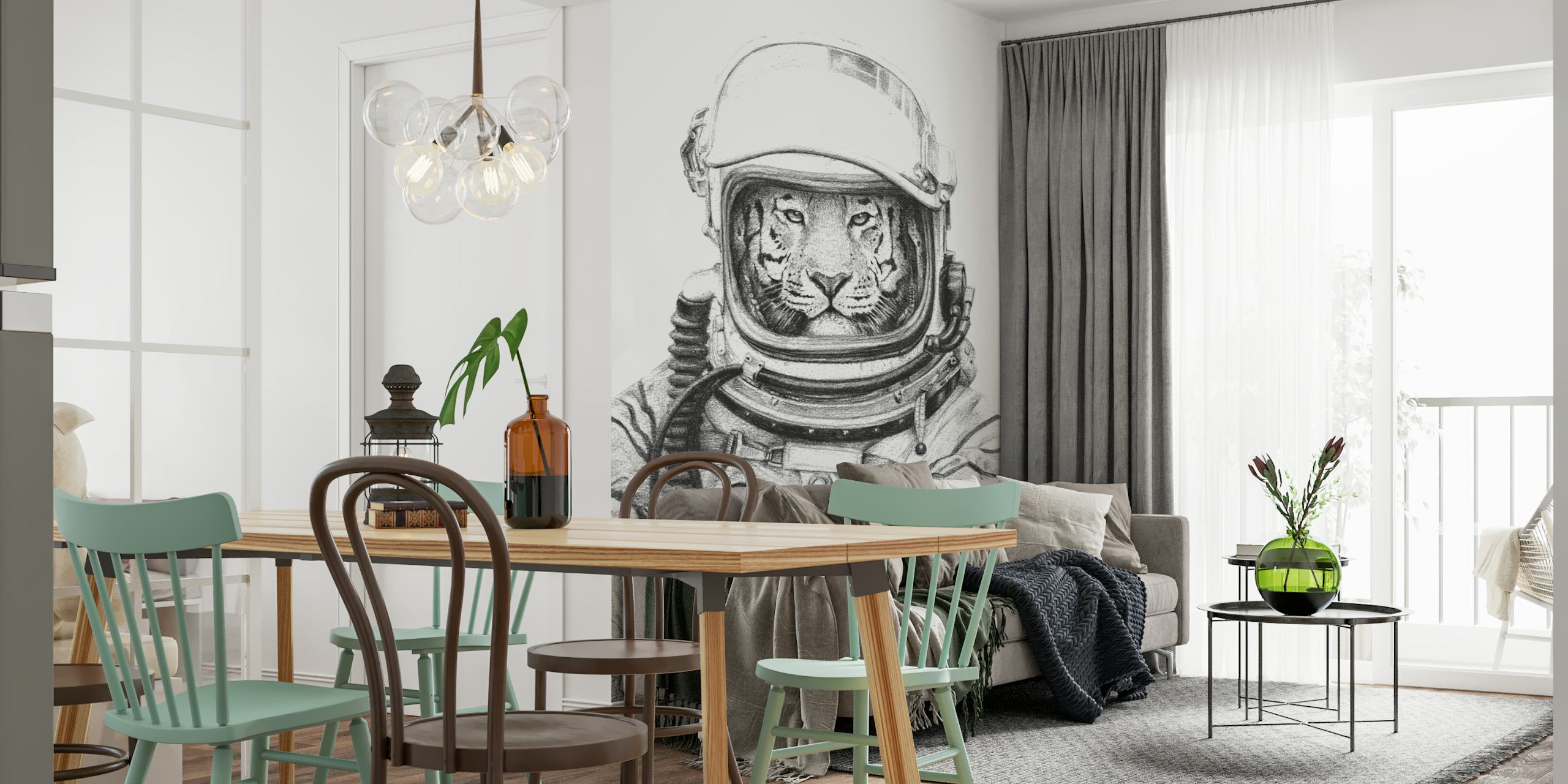 Black and white tiger astronaut illustration wallpaper