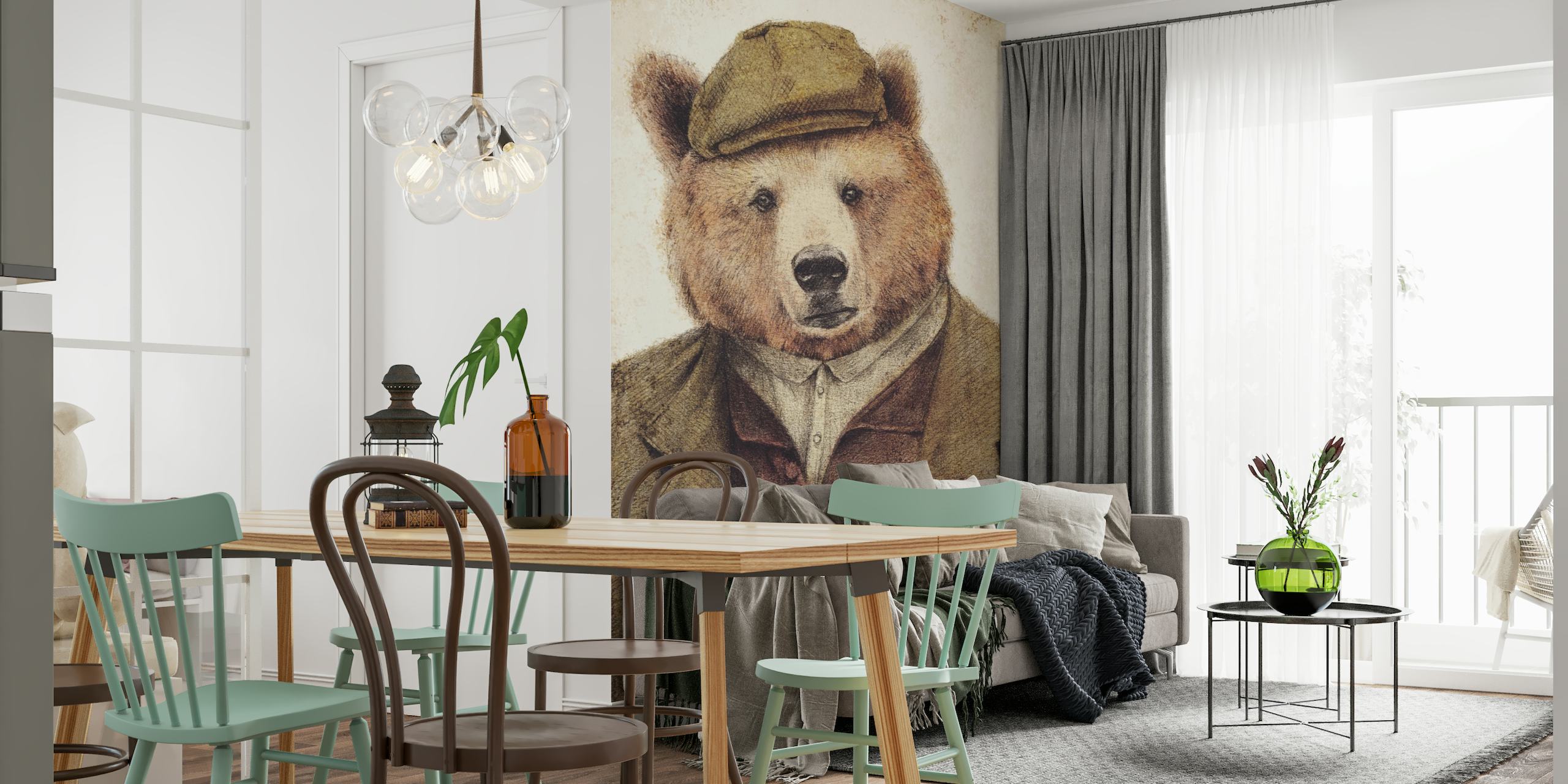 Veggmaleri med bjørn i vintage klær