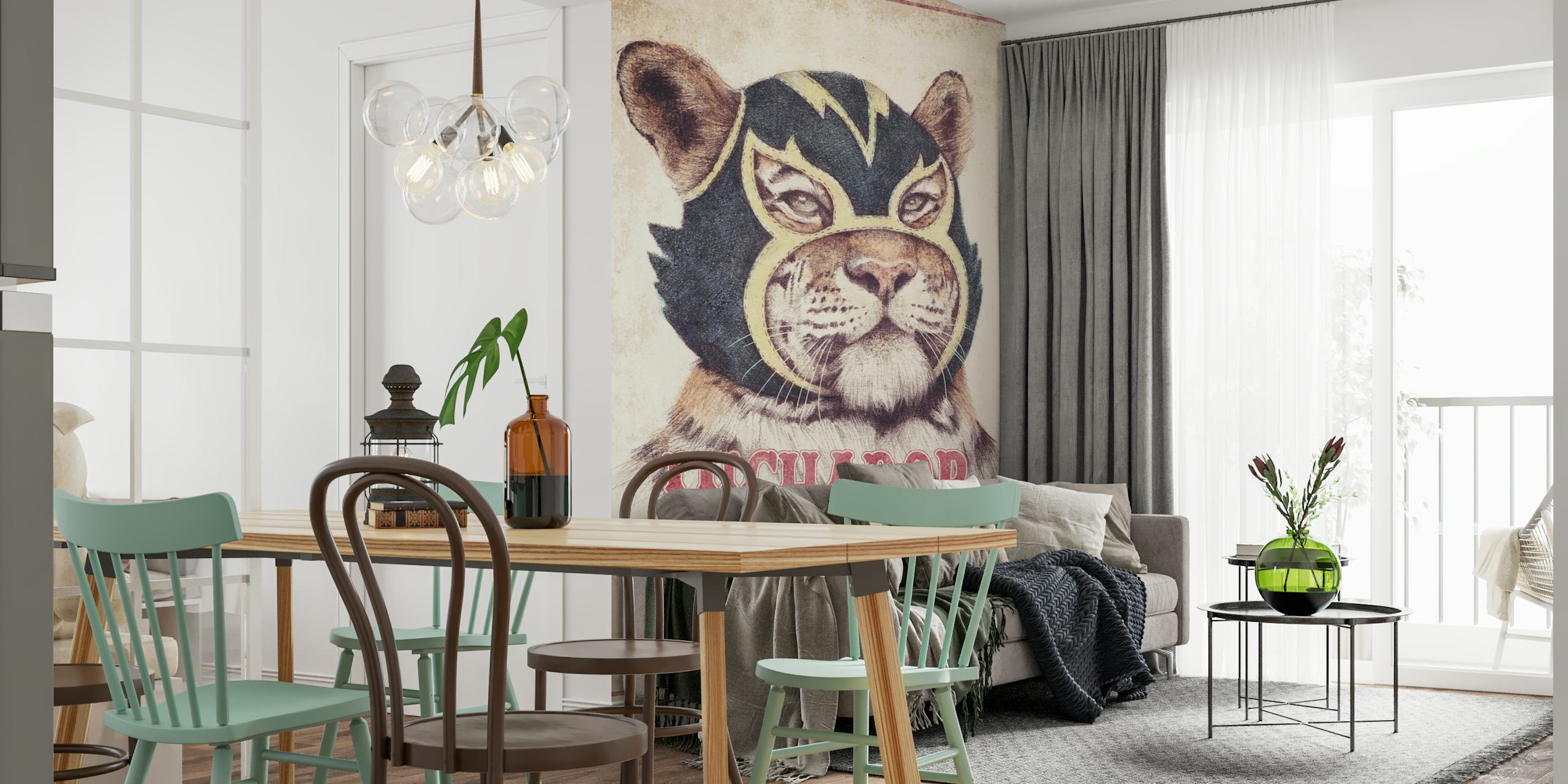 Colorful El Kitty cat wearing a mask, vintage style wallpaper