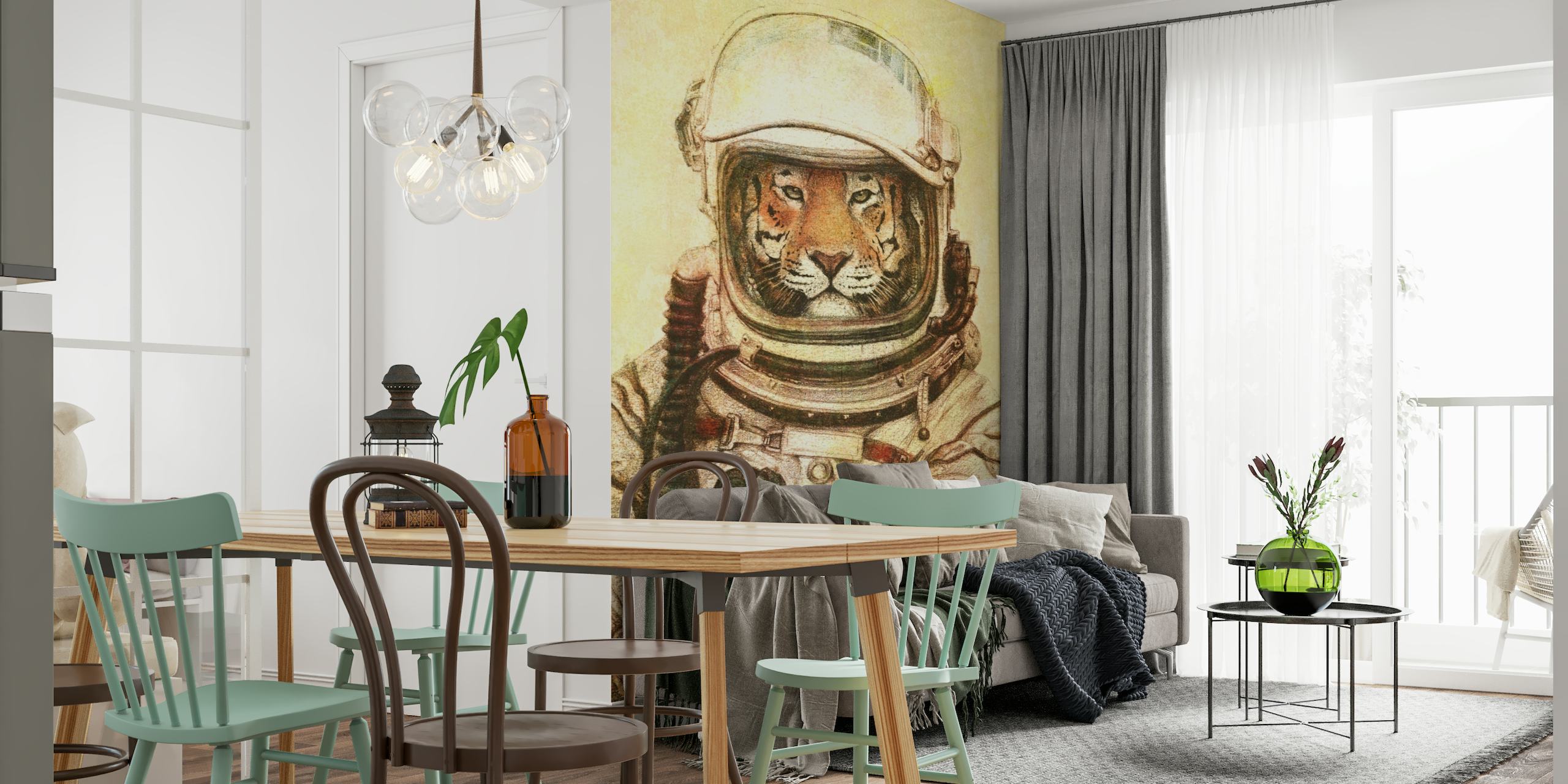 Mural de parede de astronauta tigre representando a exploração espacial com um toque selvagem