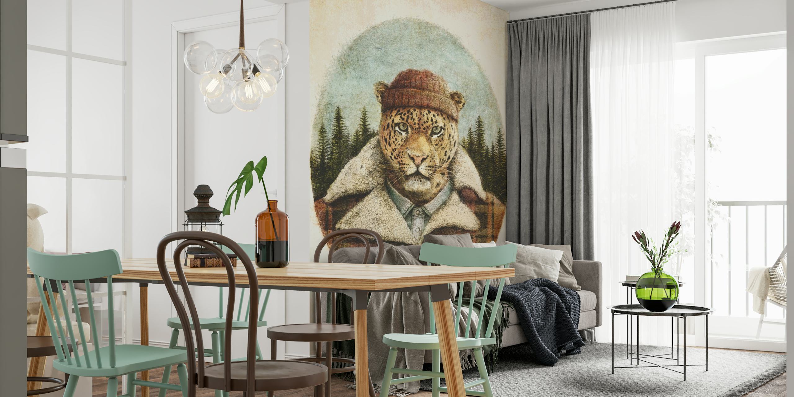 Leopard wearing a hat and plaid shirt in forest setting wallpaper