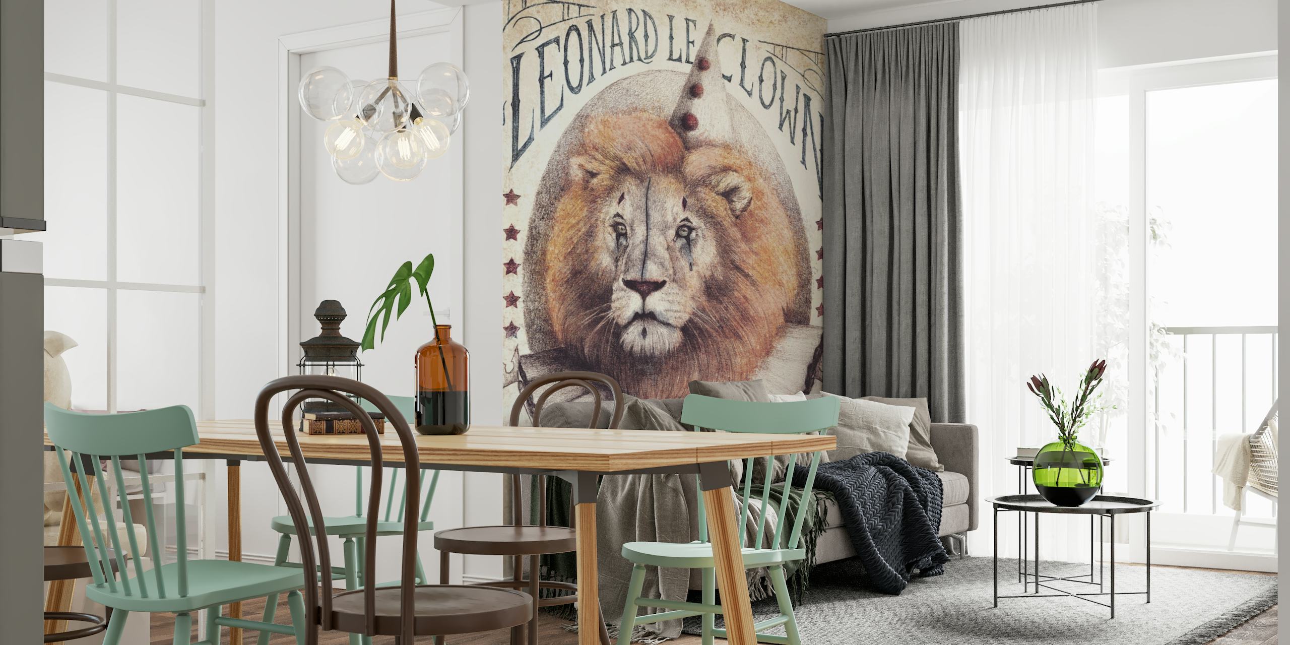 Vintage-circus lion wall mural named Leonard II with aged parchment background and circus lettering.