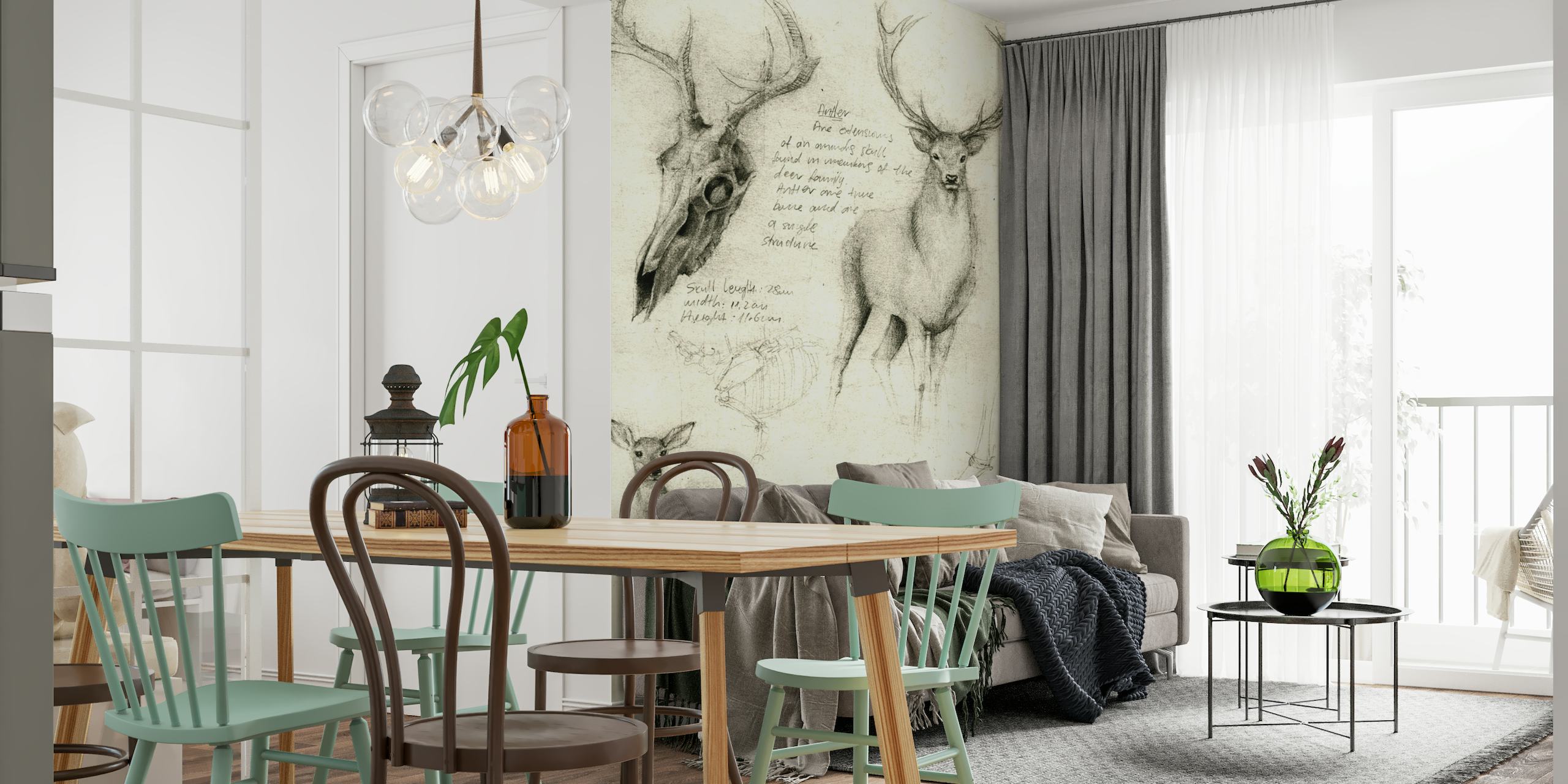 Sketches of deer in pencil on a wall mural at happywall.com