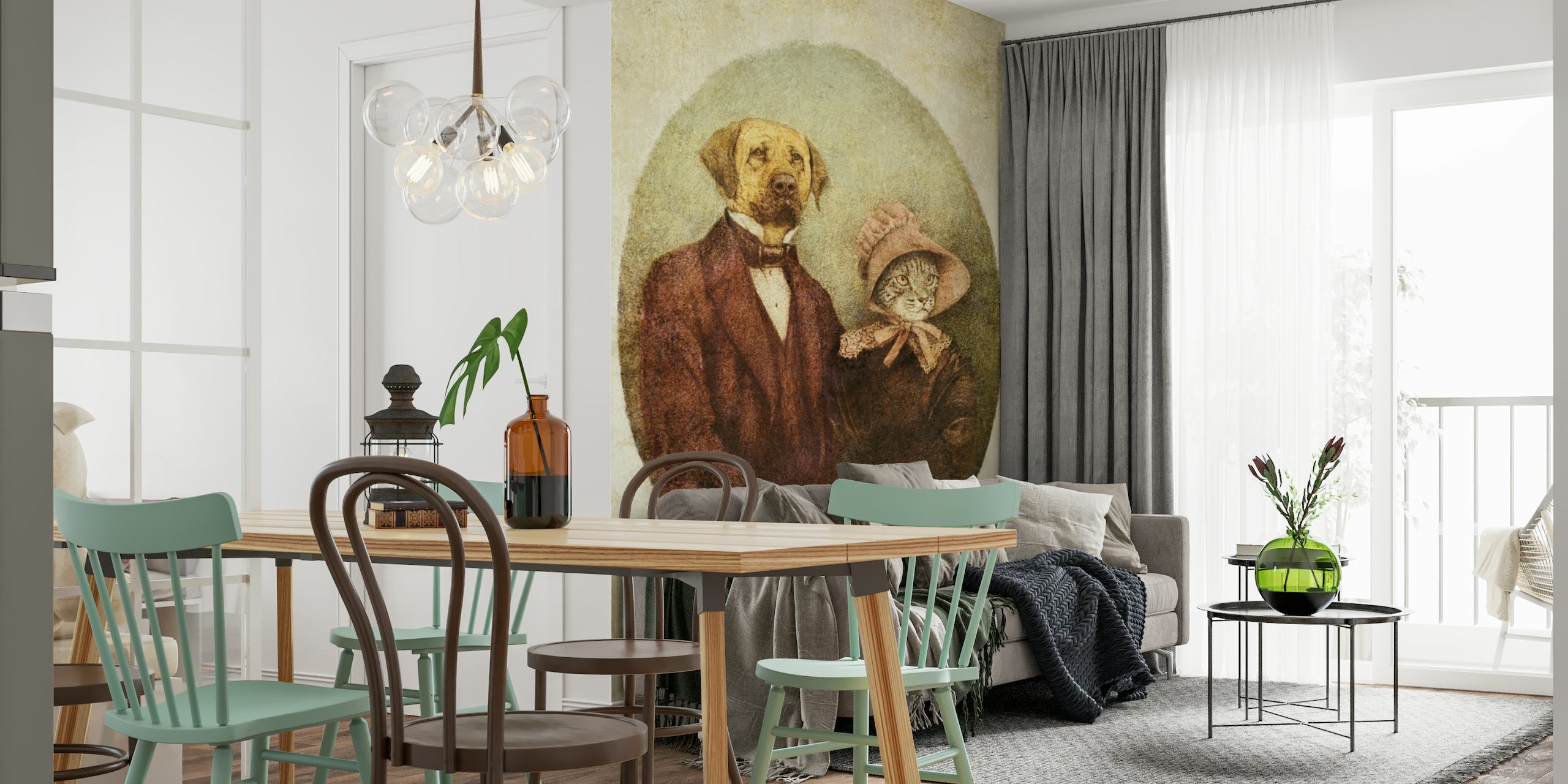 Antropomorfinen koirapari vintage-asussa seinämaalauksessa