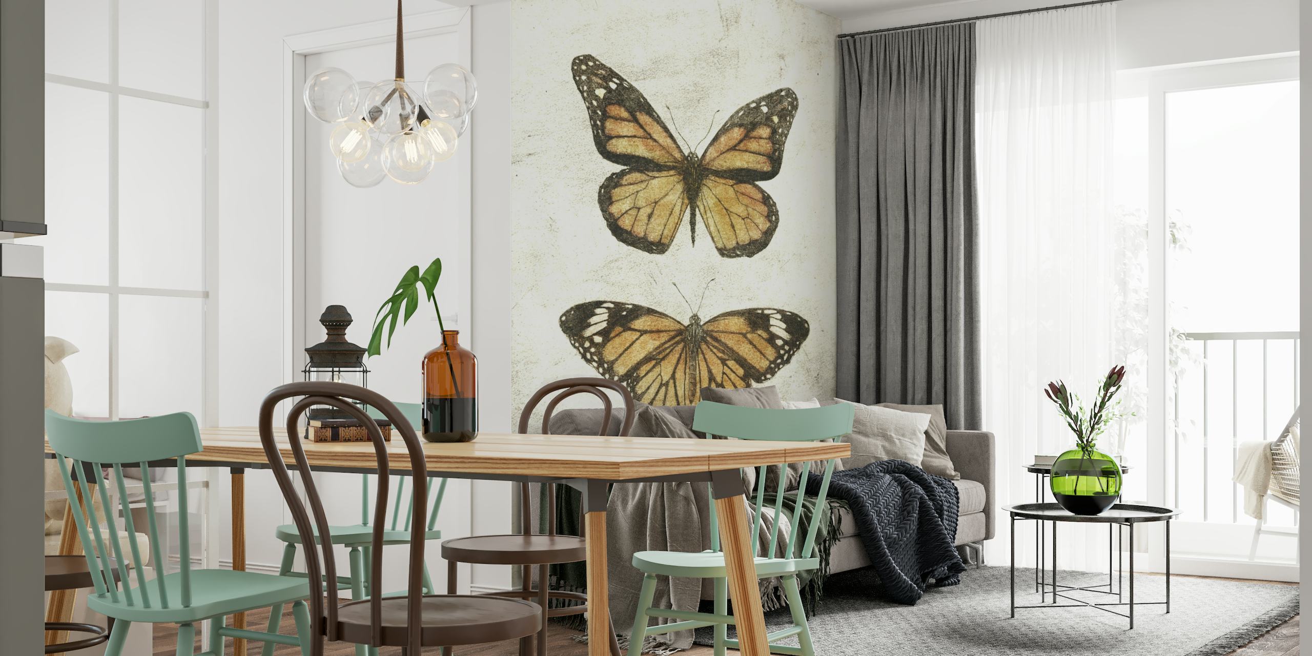 Butterflies II seinämaalaus, jossa kaksi vintage-tyylistä perhosta luonnollisella teksturoidulla taustalla