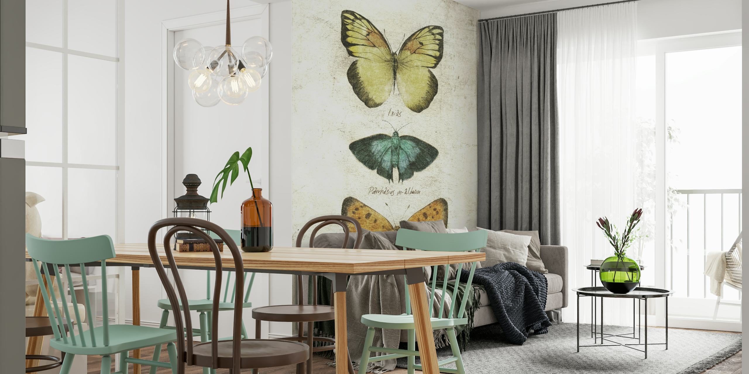 Vintage-perhoset seinämaalaus, jossa on kolme eri lajia pystyasennossa kuvioidulla taustalla