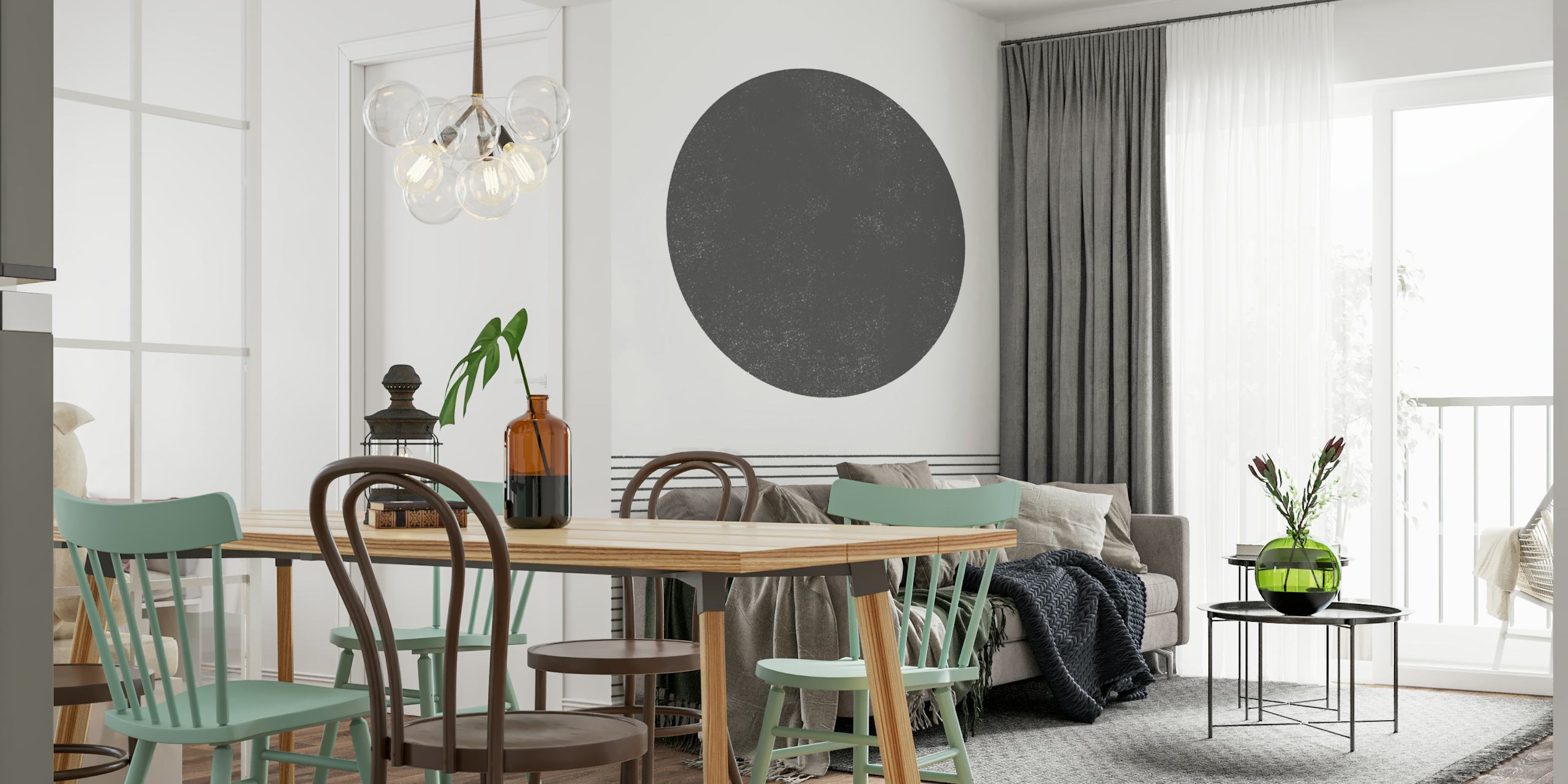 Abstrakti geometrinen valtameren seinämaalaus, jossa on suuri ympyrä vaakasuuntaisten raitojen päällä