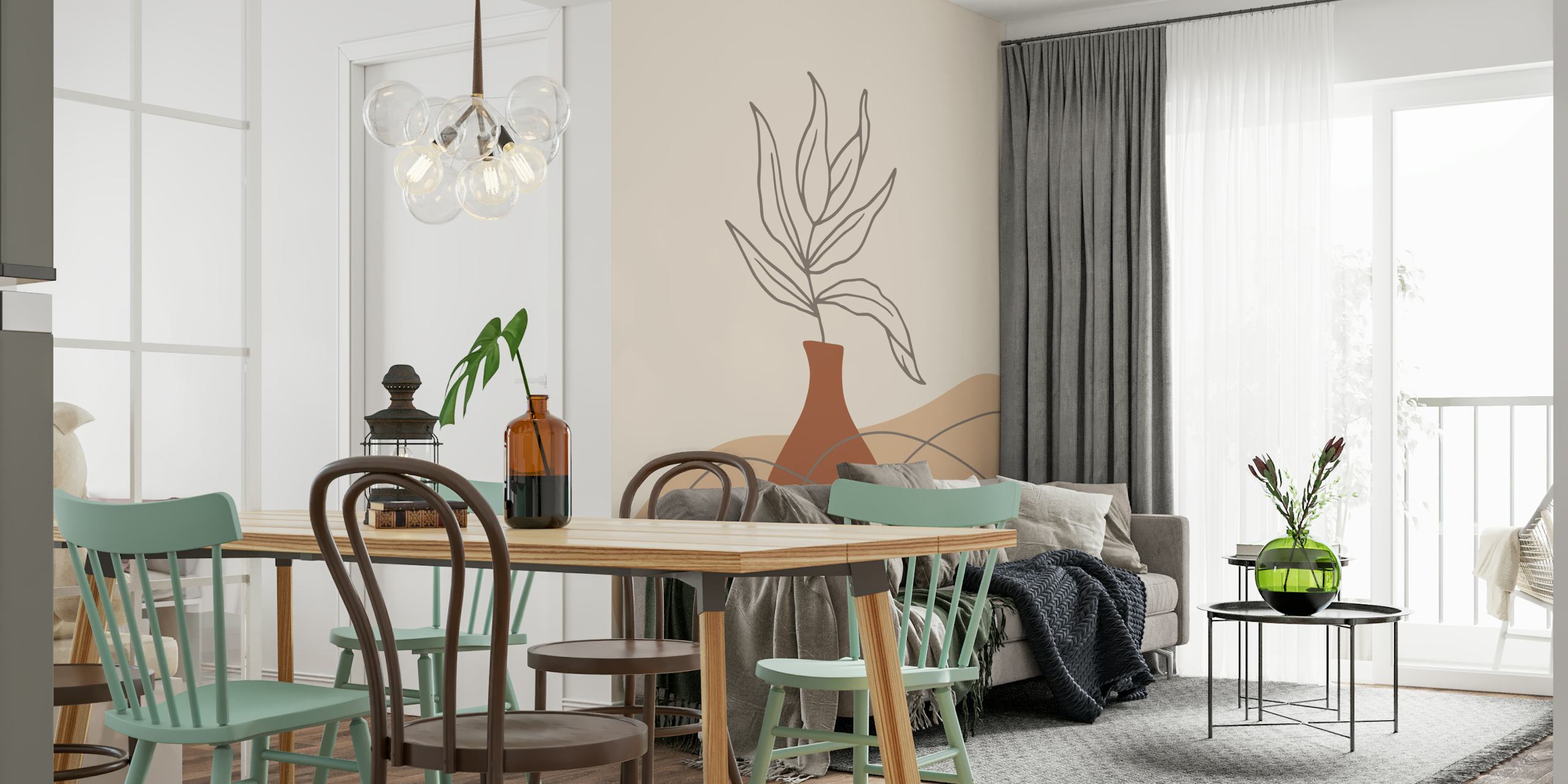 Minimal line art plant in a vase with neutral tones wallpaper