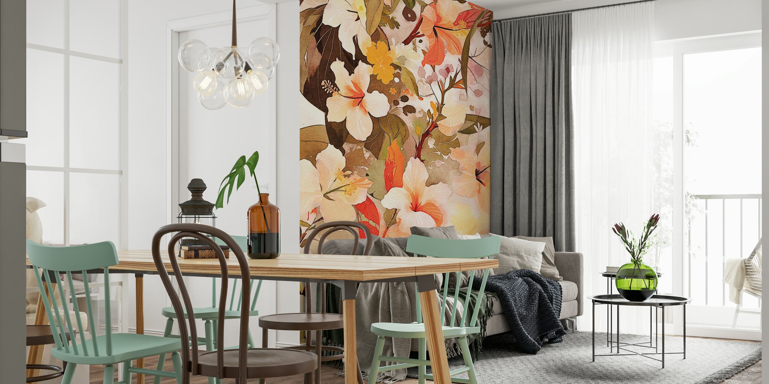 Hibiscus Garden Dreams Warm Pastel wallpaper in a room