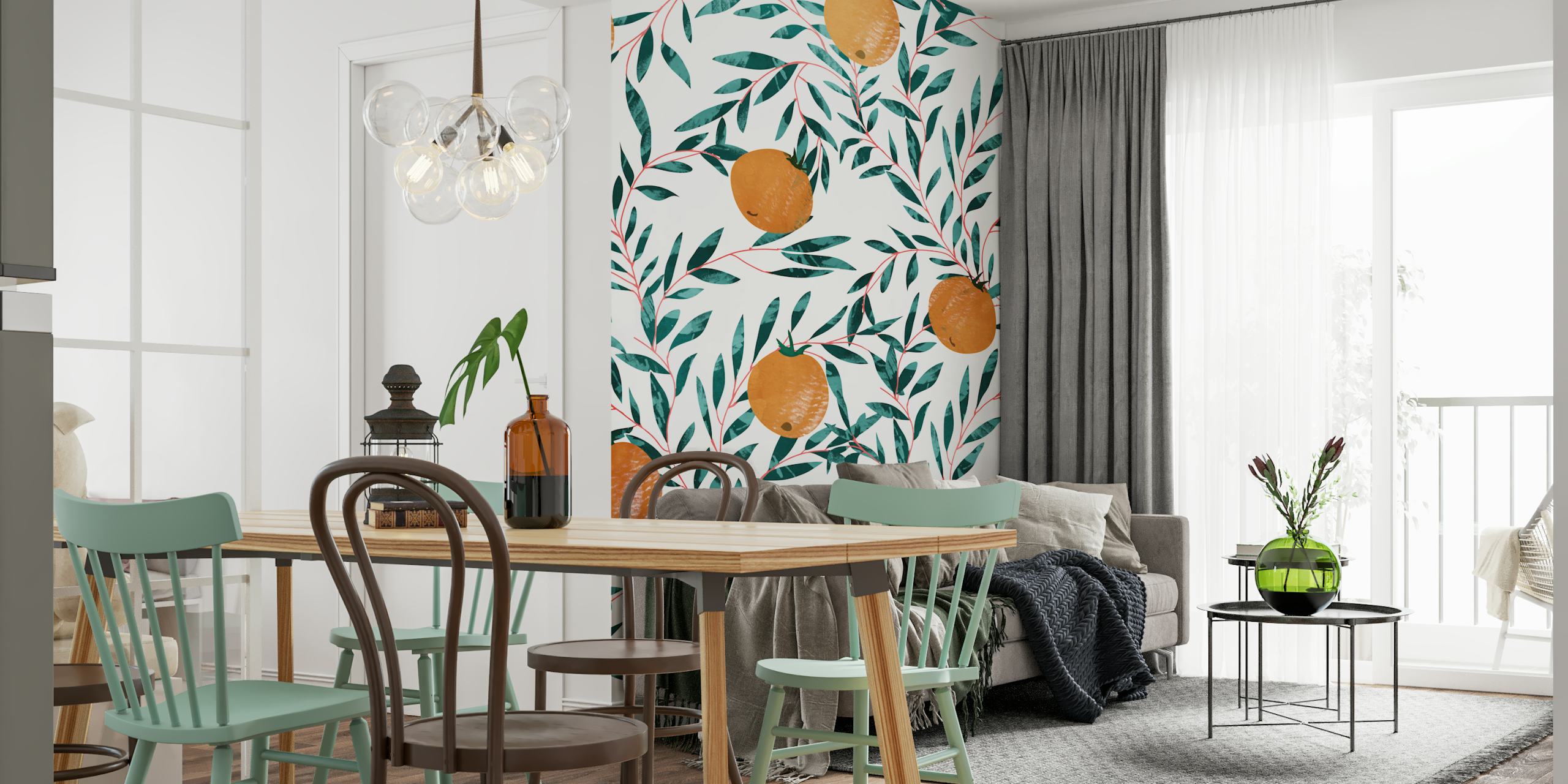 Orange mandarin fruits with green leaves wallpaper