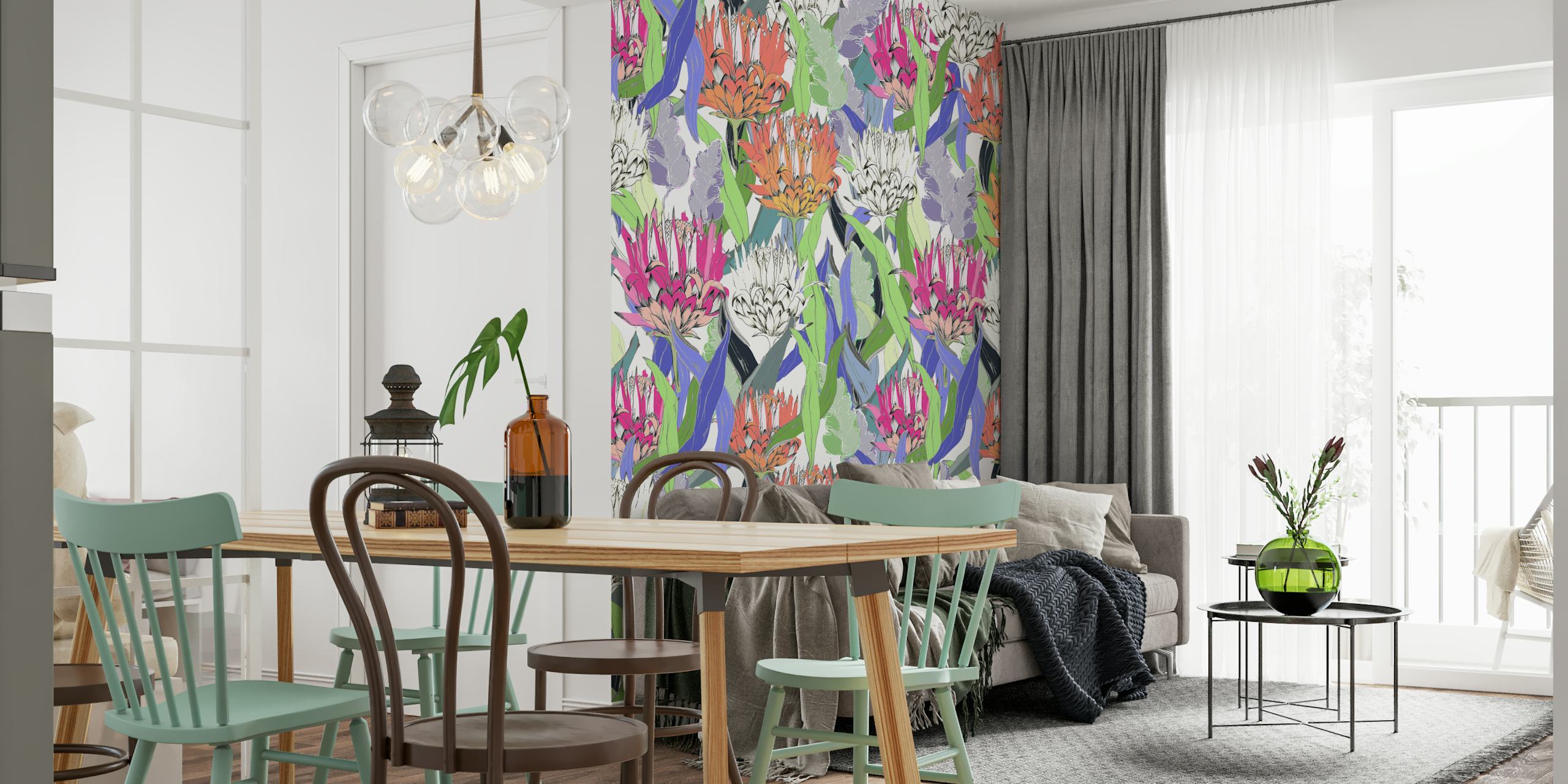 Colorful Protea Garden wallpaper in a room.