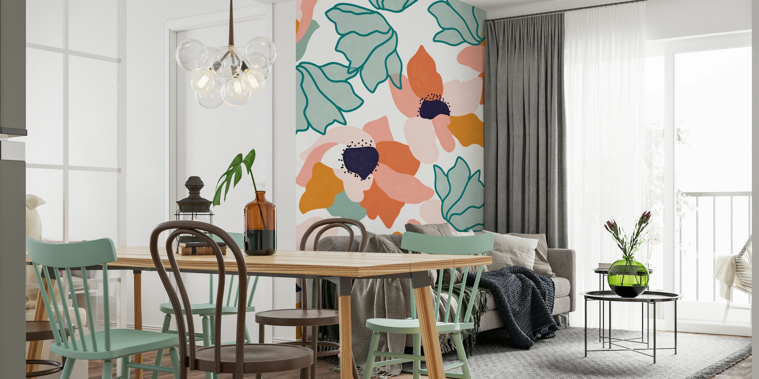 Bright floral pattern in coral, pink, and mint green colors wallpaper
