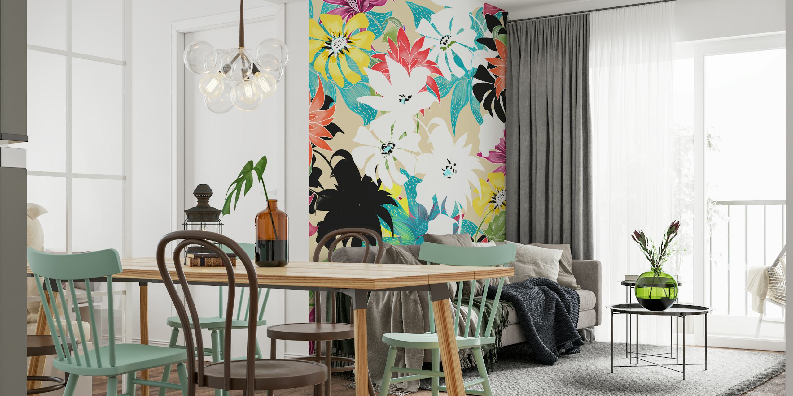 Padrão floral Dalia papel de parede em um quarto