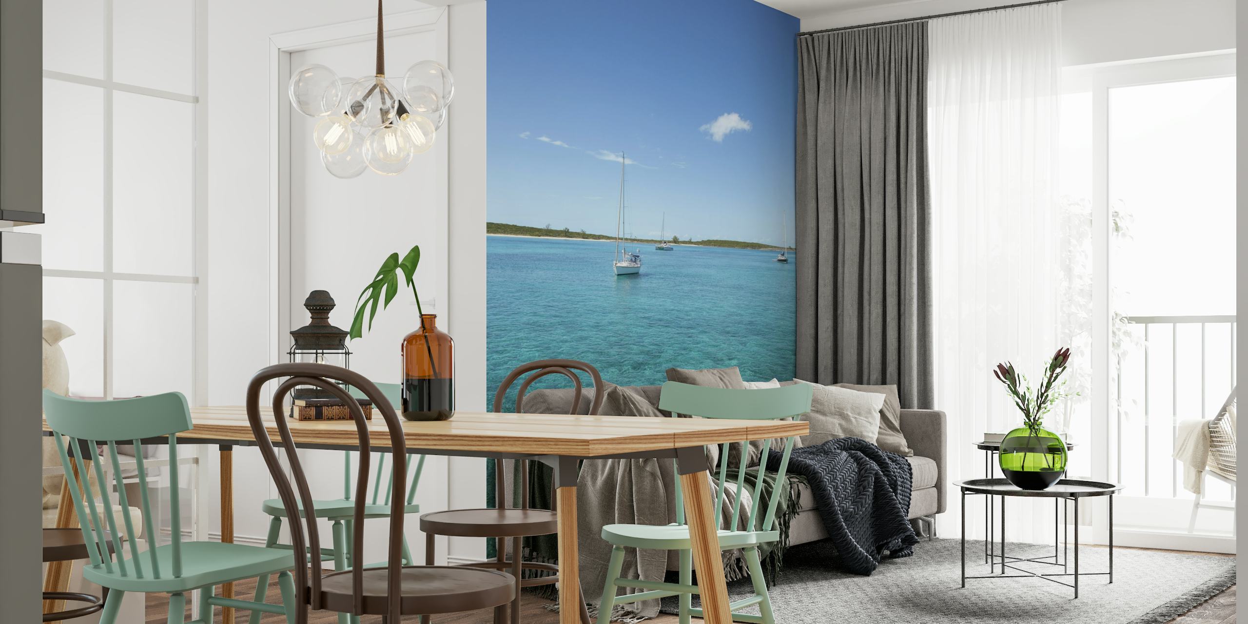Sejlbåde på vægmaleri i klart blåt Bahamas-vand