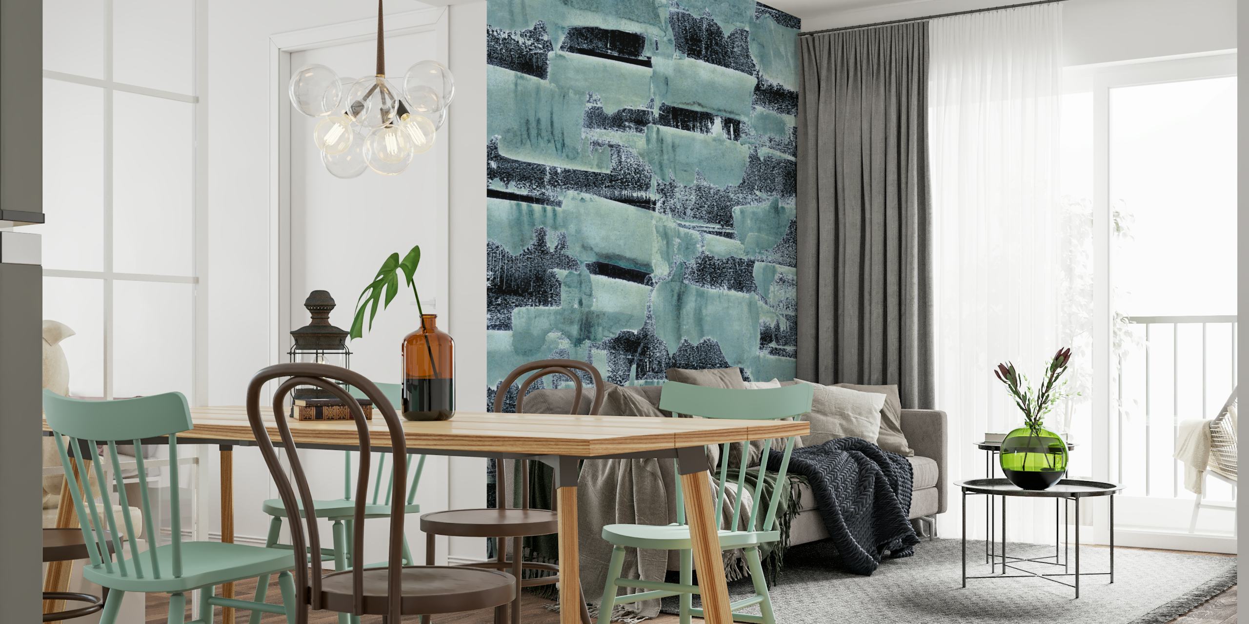 Aquatic blue and indigo wallpaper in a room