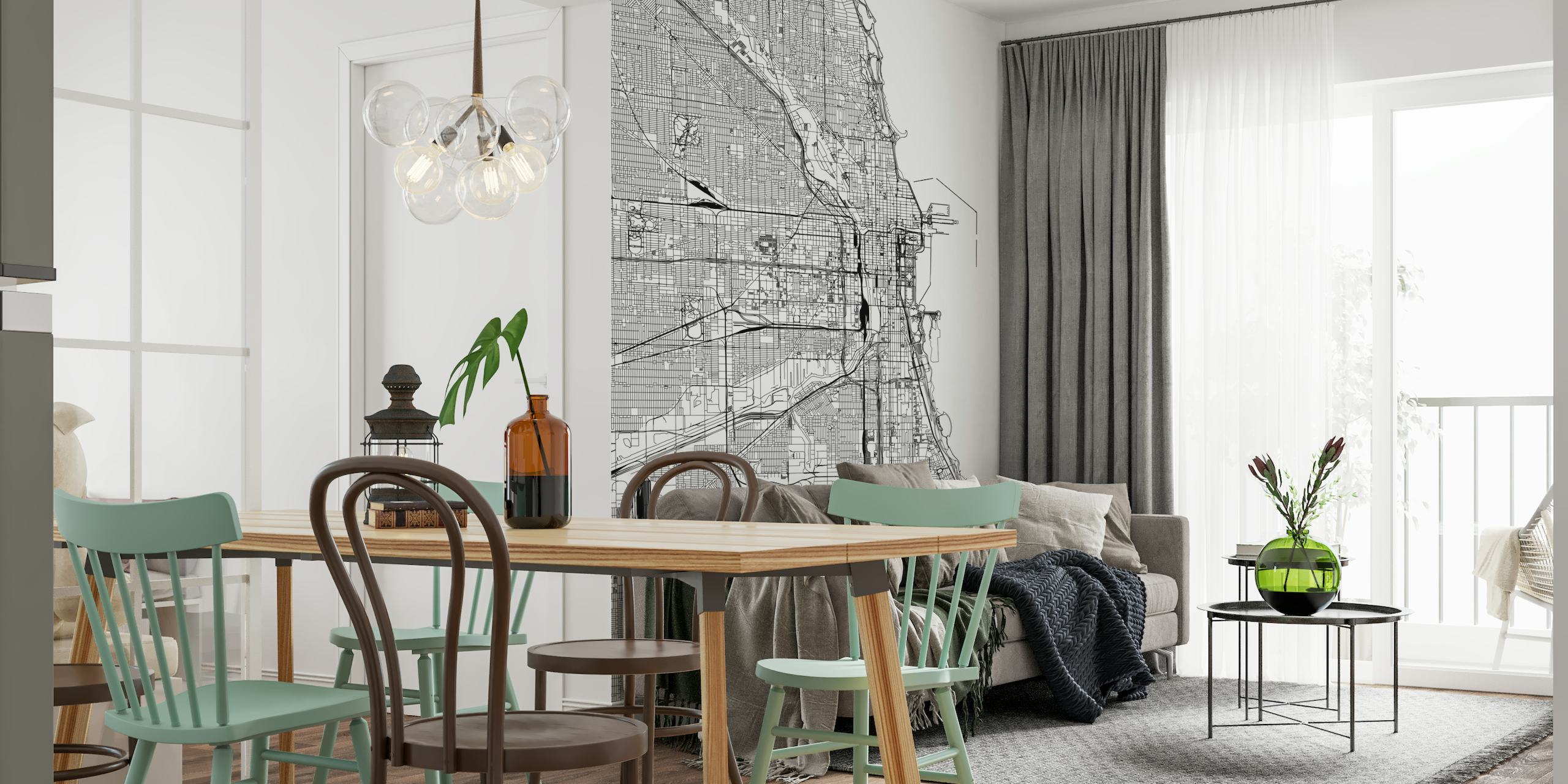 Monochrome portrait-oriented Chicago city map wall mural