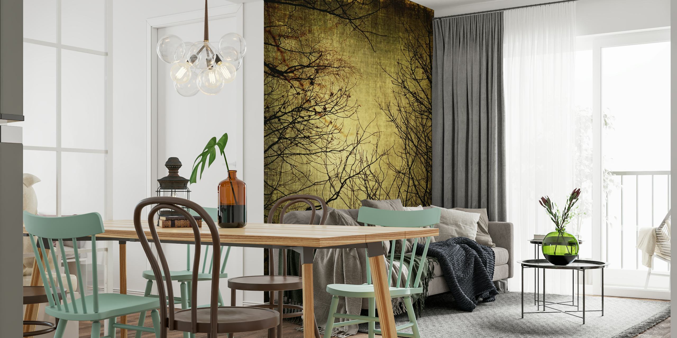 Mystic Light-Wandbild mit sonnenbeschienenen Zweigen vor einem strukturierten Hintergrund