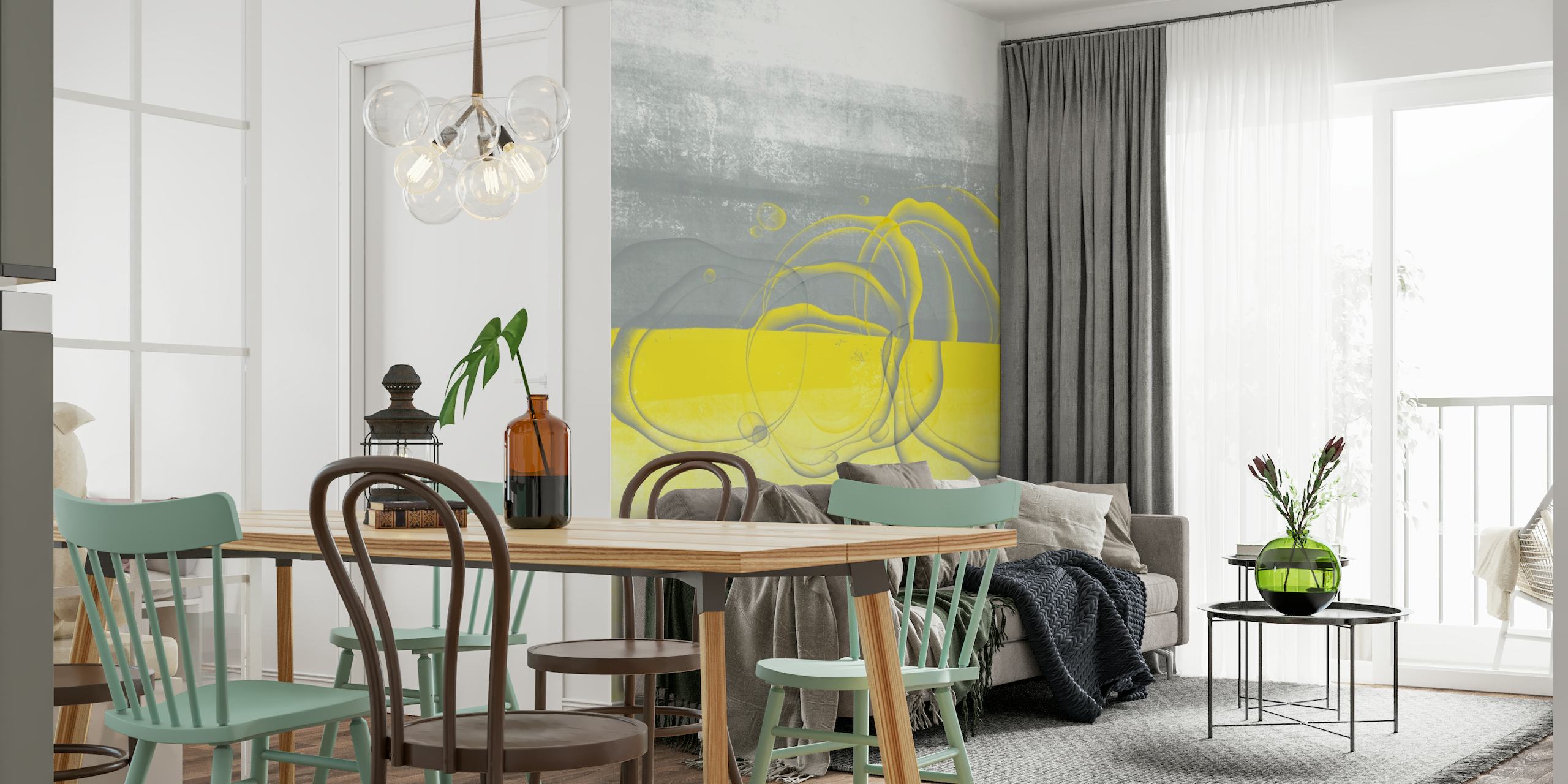 Abstrakt gul og grå vægmaleri med et moderne kunstnerisk design
