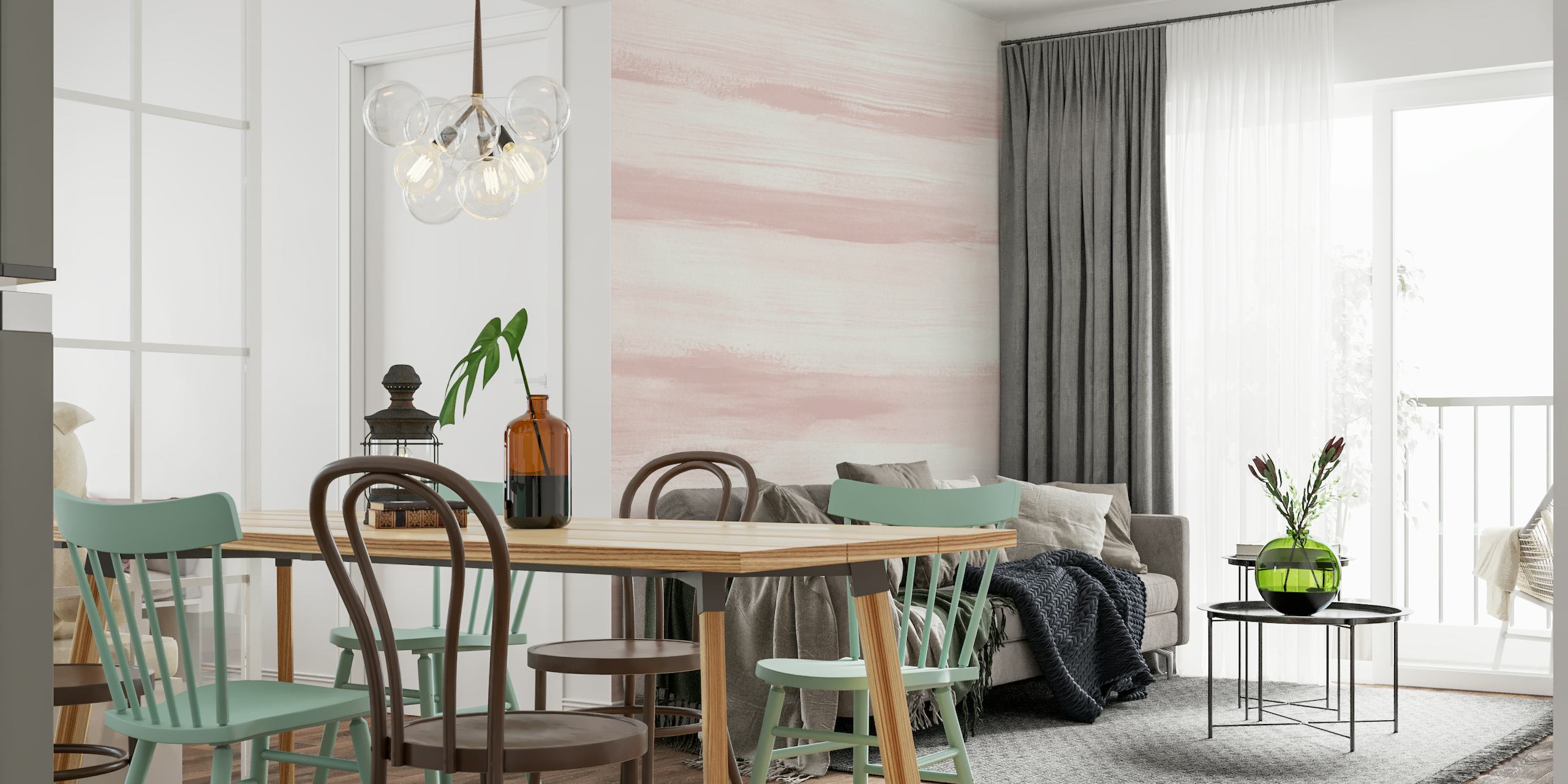 Fotomural de pared con rayas de acuarela de color suave y rubor para crear un ambiente sereno en la habitación
