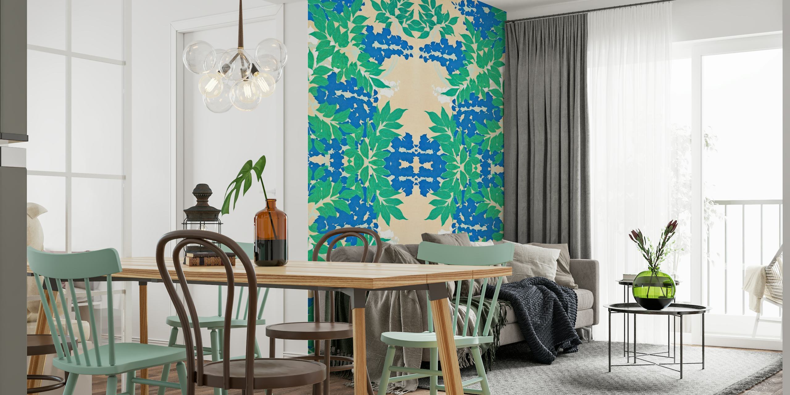 Floral Kyoto Leaves wall mural with blue and green foliage on cream background