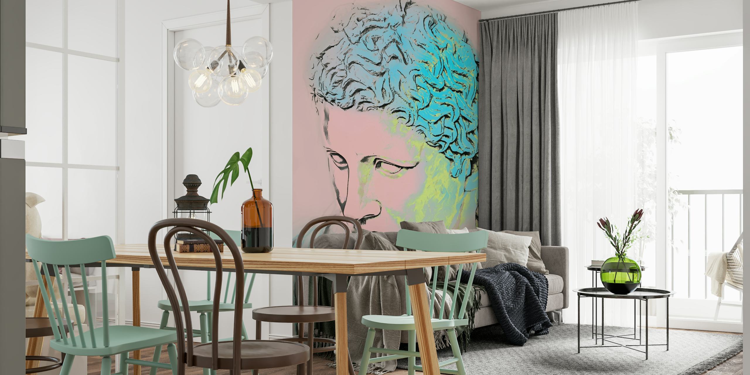 Stiliseret neo art deco portræt med neon farvepalet vægmaleri