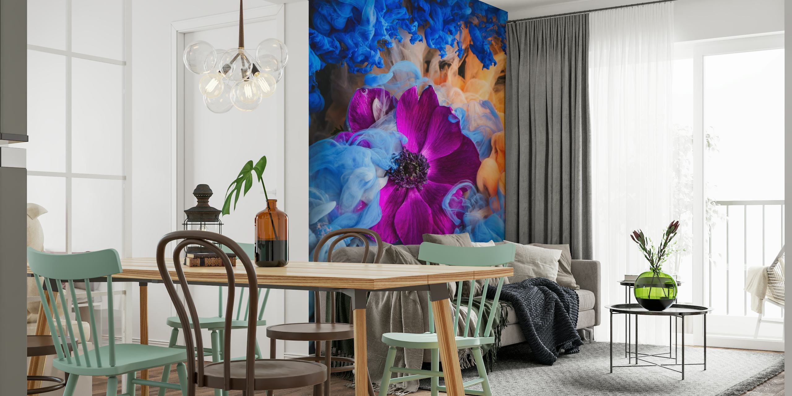 Pink anemone flower with blue-tinted backdrop wall mural