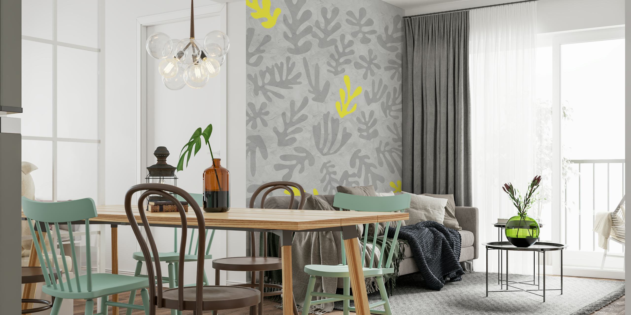 Gult og grått Matisse-inspirert veggmaleri med utskjæring i mønster