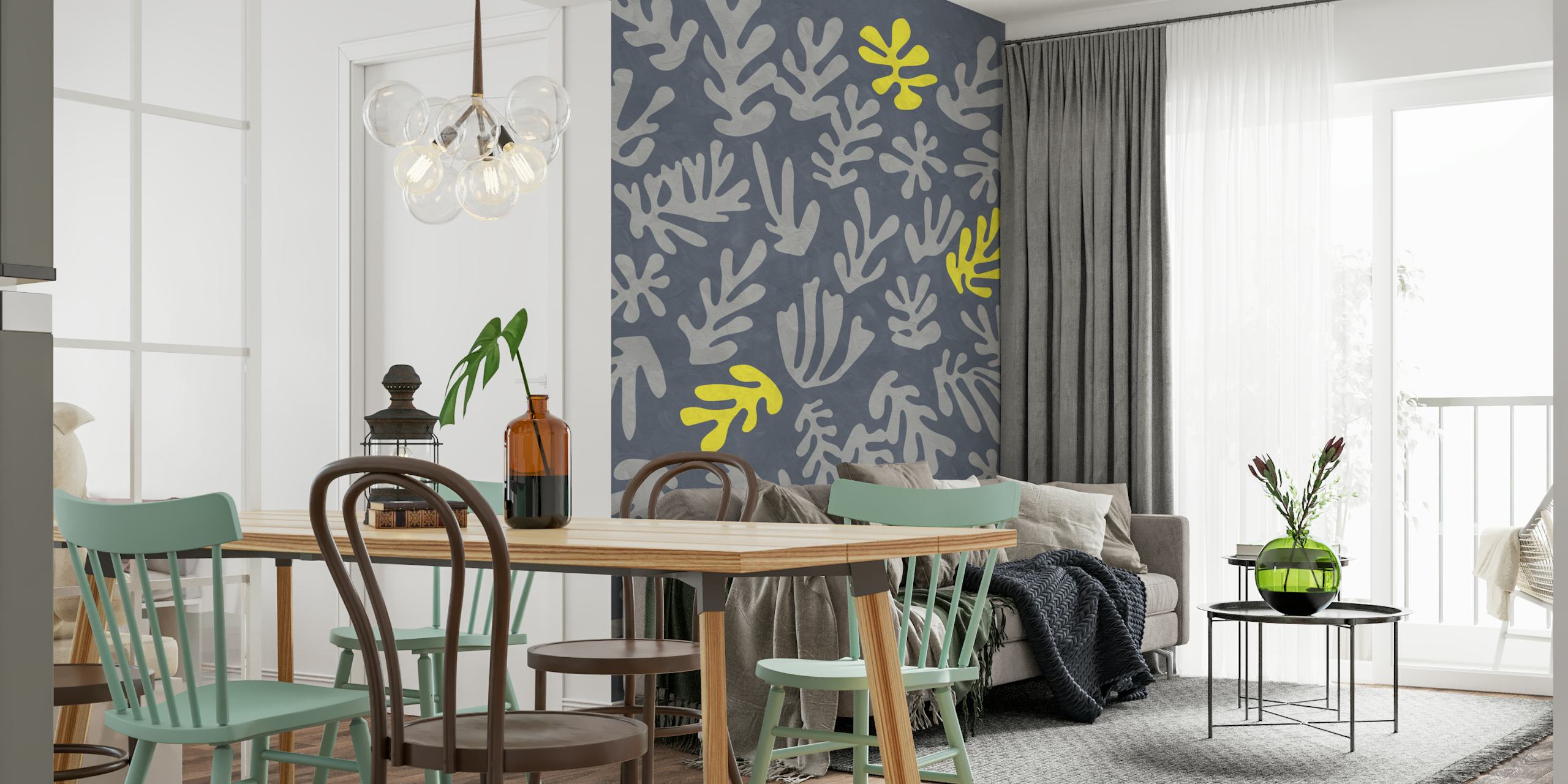 Abstract botanical yellow Matisse-inspired pattern on a grey background wall mural