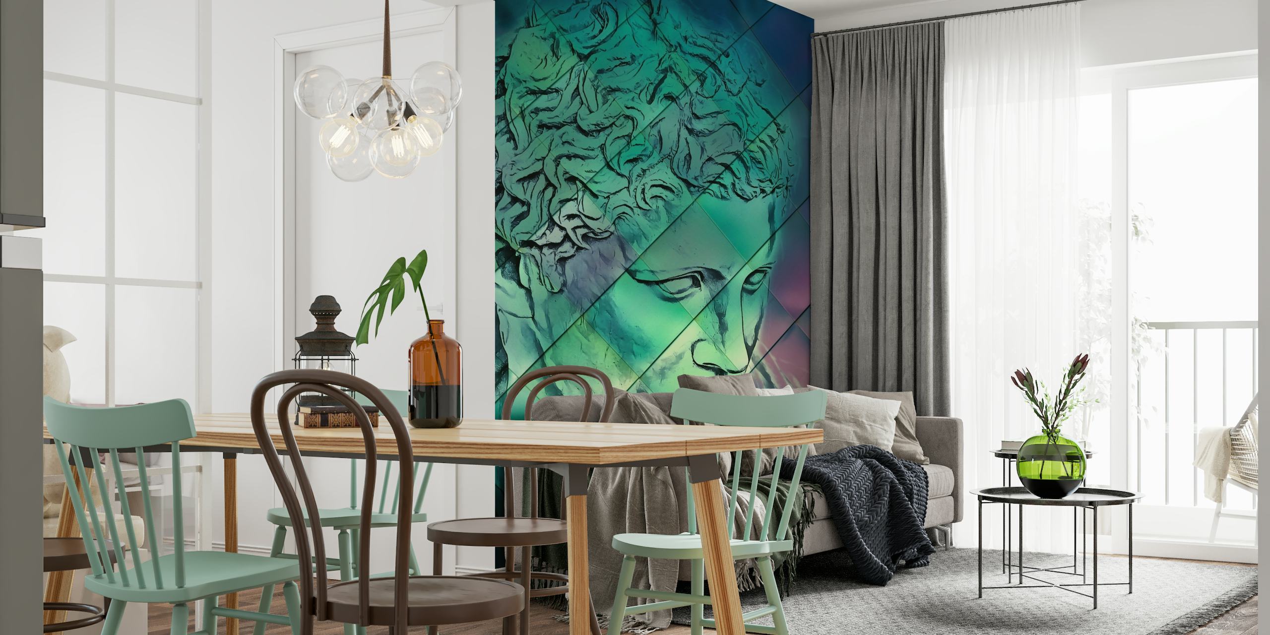 Artistic representation of classical Roman sculpture with a modern colorful twist suitable for wall murals