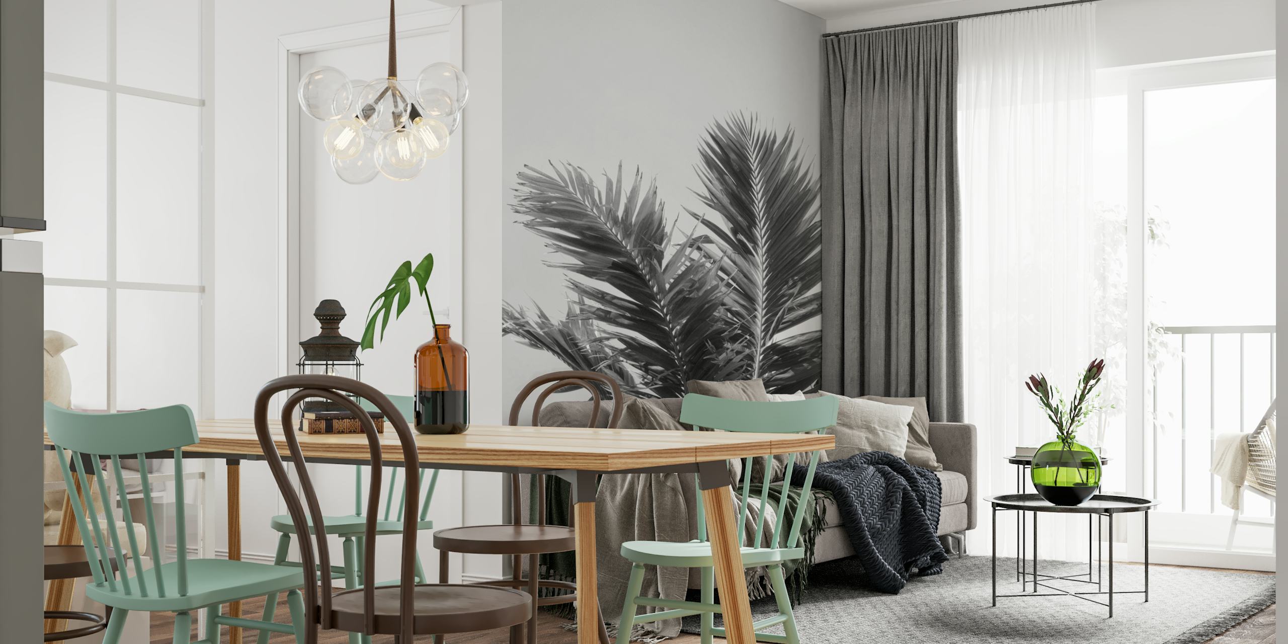 Fotomural vinílico de parede de folhas de palmeira tropical em preto e branco para decoração de interiores.