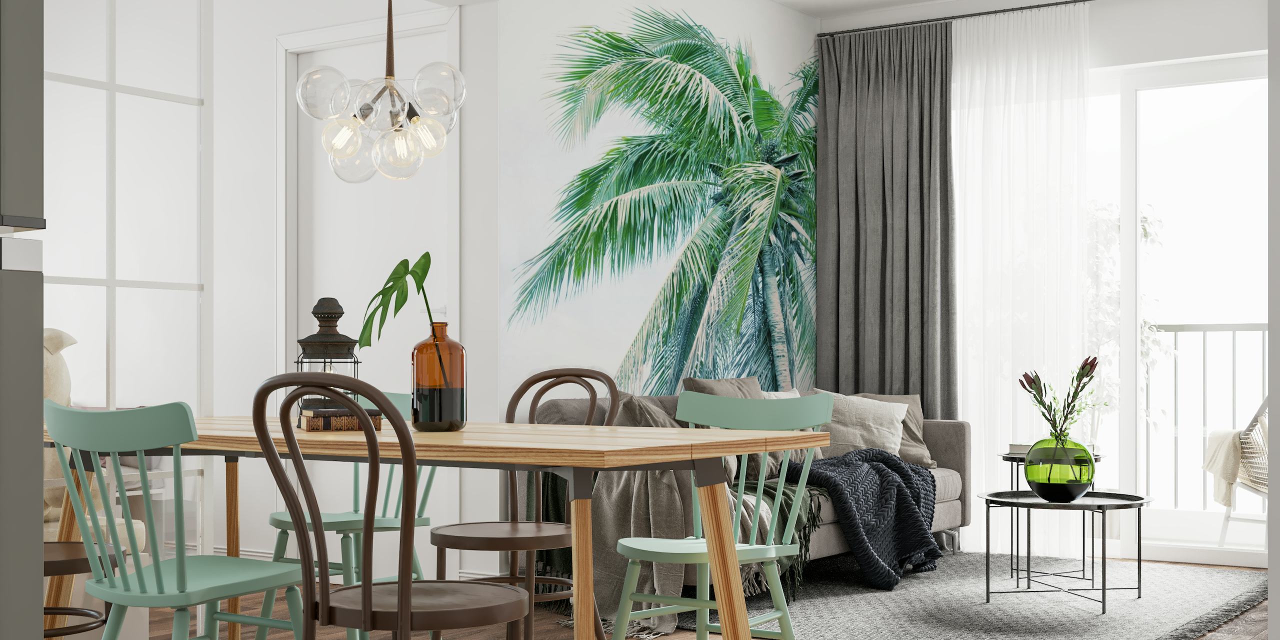 Tropical palm tree wall mural with a pastel background