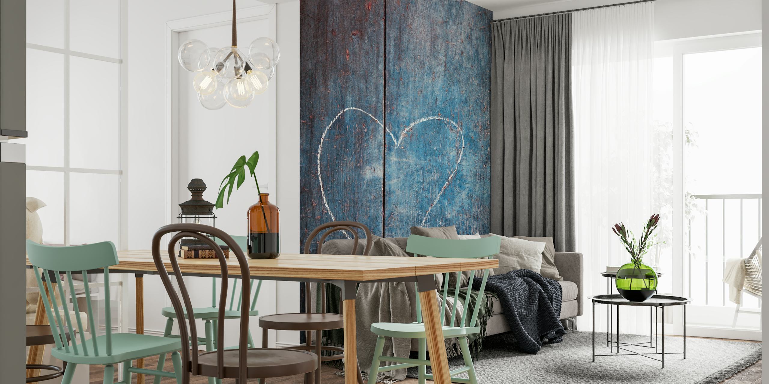 Blauw houten achtergrond met hart in krijtachtige stijl wallpaper