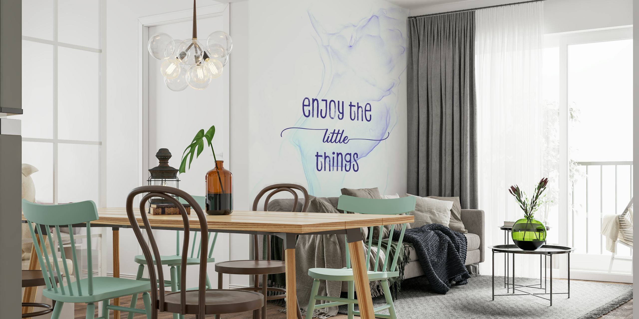 Inspirational quote wall mural with 'Enjoy Little Things' over a watercolor backdrop