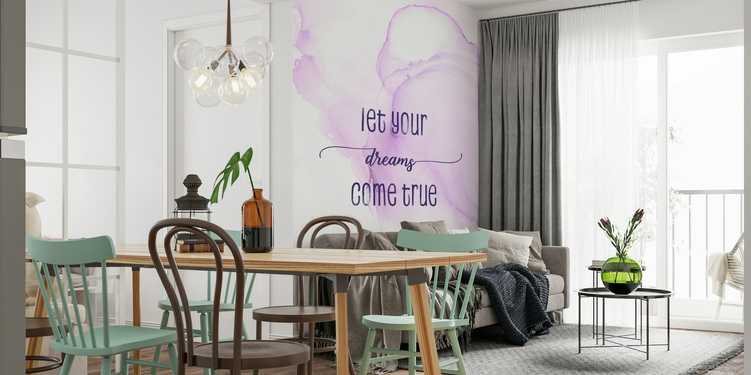 Inspirerende 'Lad Your Dreams Come True' kalligrafi på et blødt lilla og pink akvarel baggrundsvægmaleri