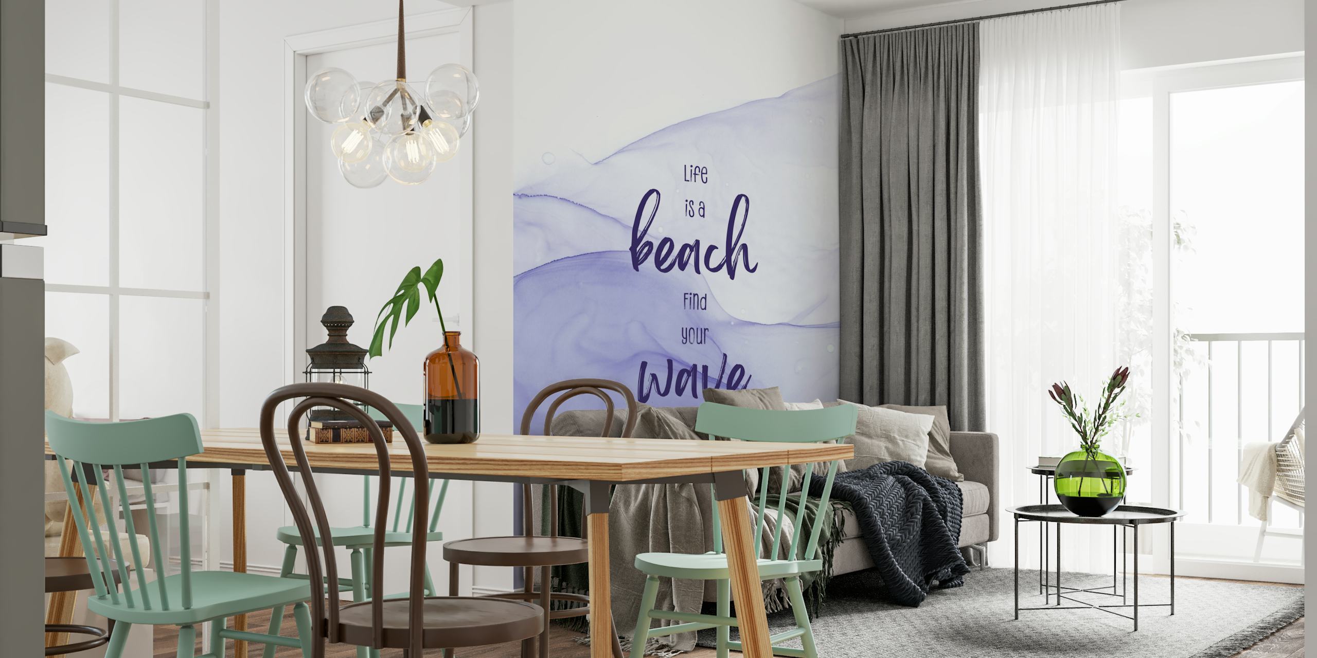 Wavy purple ocean design with text 'Life is a beach' wallpaper