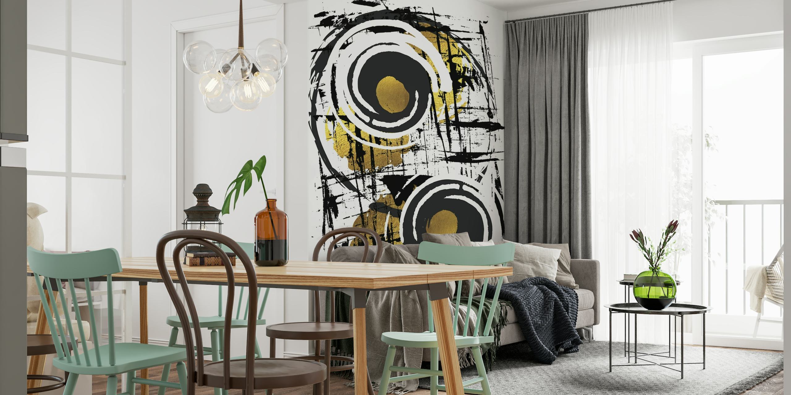 ABSTRAKT KUNST Hypnotiserende vægmaleri med sorte penselstrøg og gyldne cirkler på en hvid baggrund