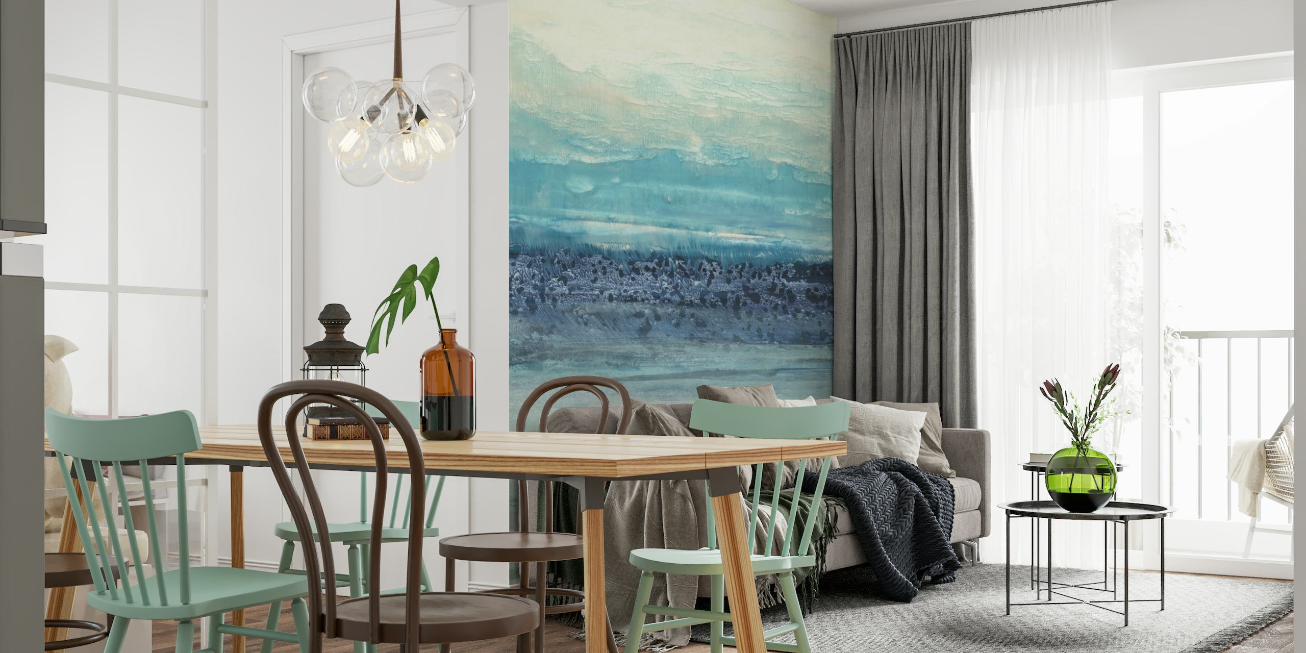 Abstrakti sininen ja harmaa rauhallinen seinämaalaus, joka muistuttaa sumuista valtameren horisonttia.