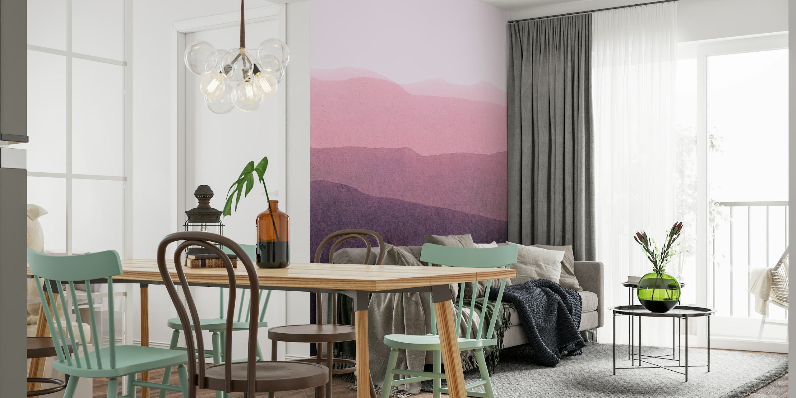 A wall mural showing a serene gradient landscape with overlapping hills in shades of dusky pink to deep purple