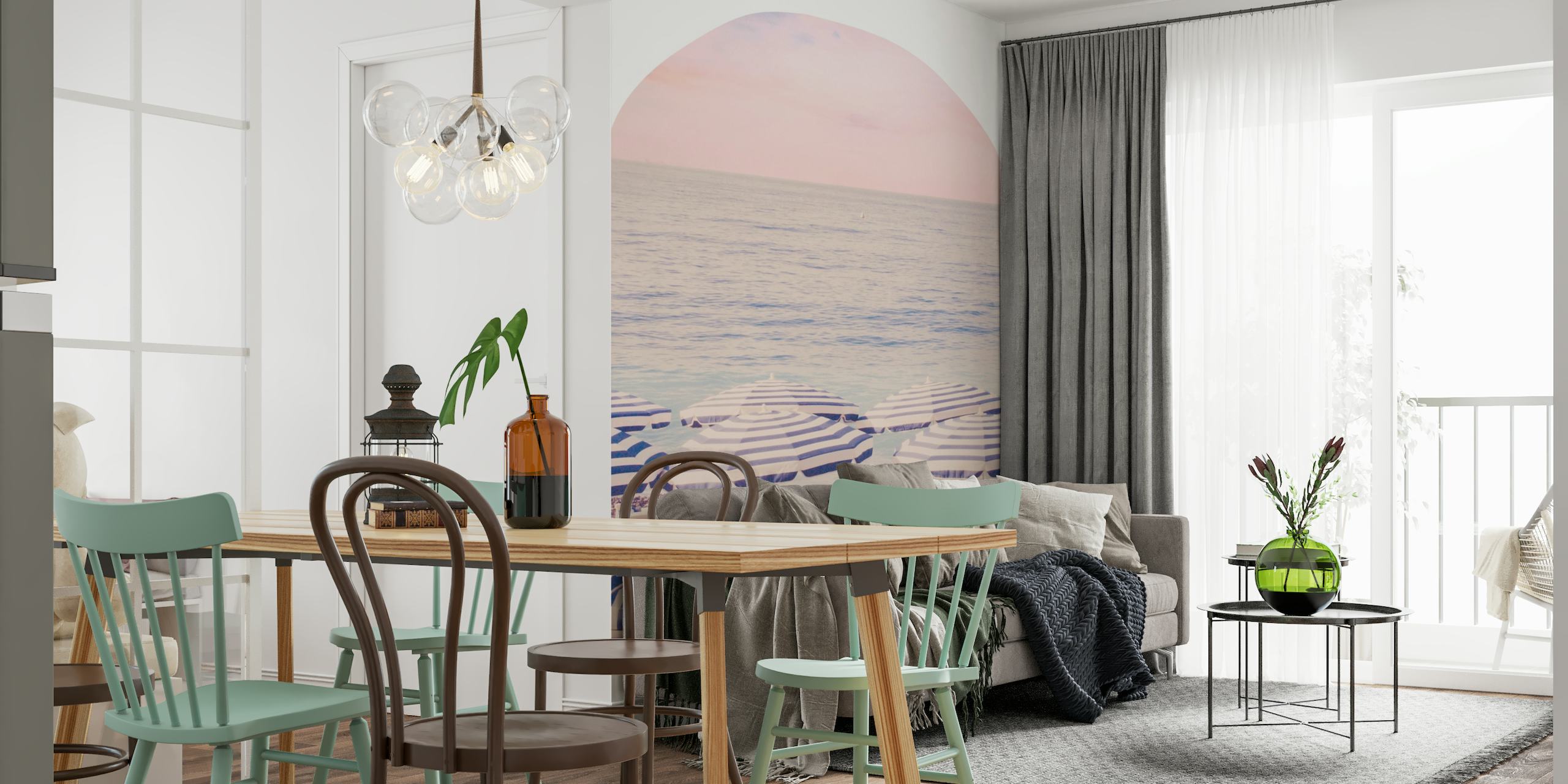 Pink Boho Beach Scene wall mural with pastel pink sky and blue striped beach umbrellas