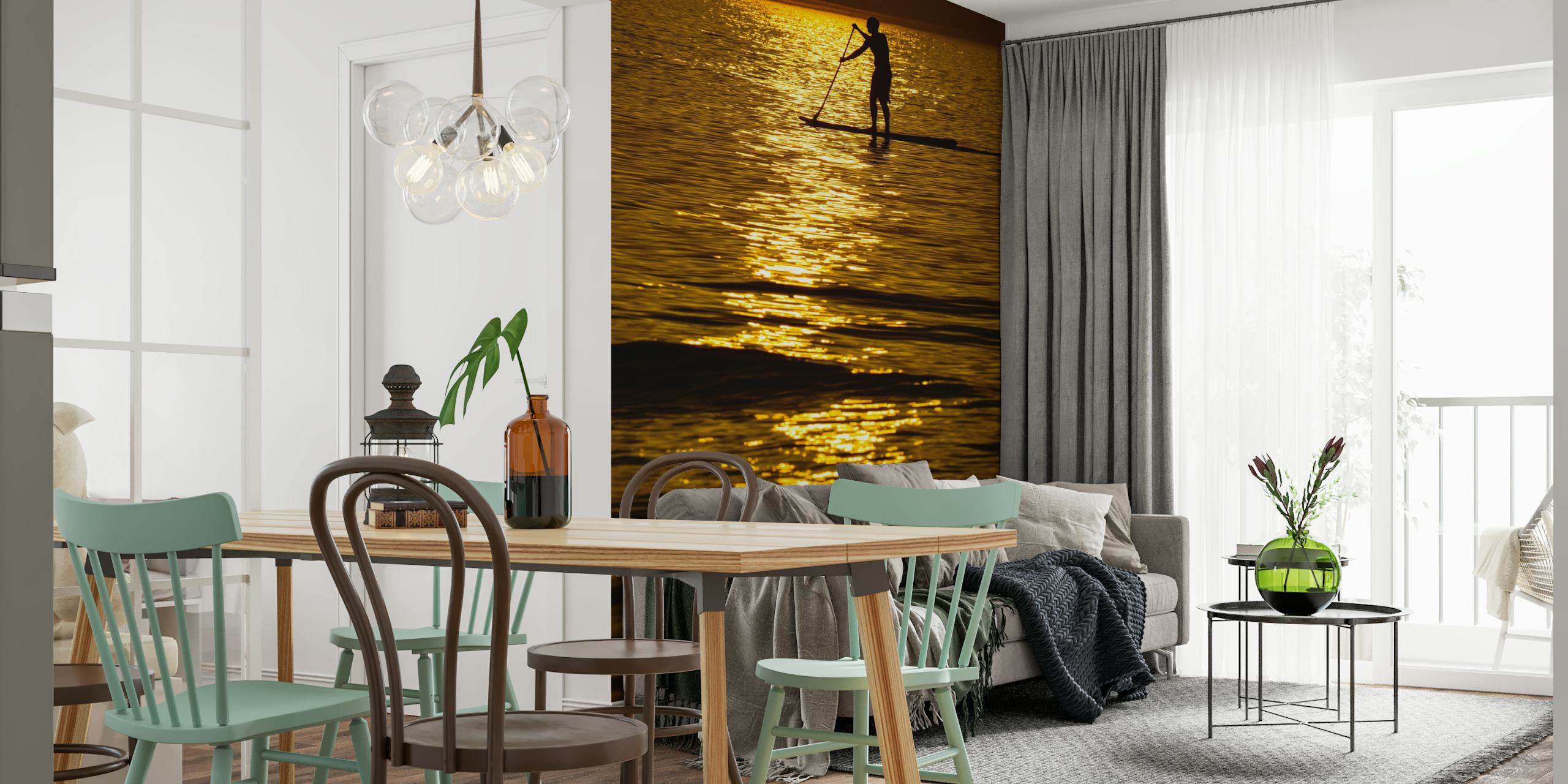 Silhouette of a person paddleboarding on a shimmering sea during a golden sunset