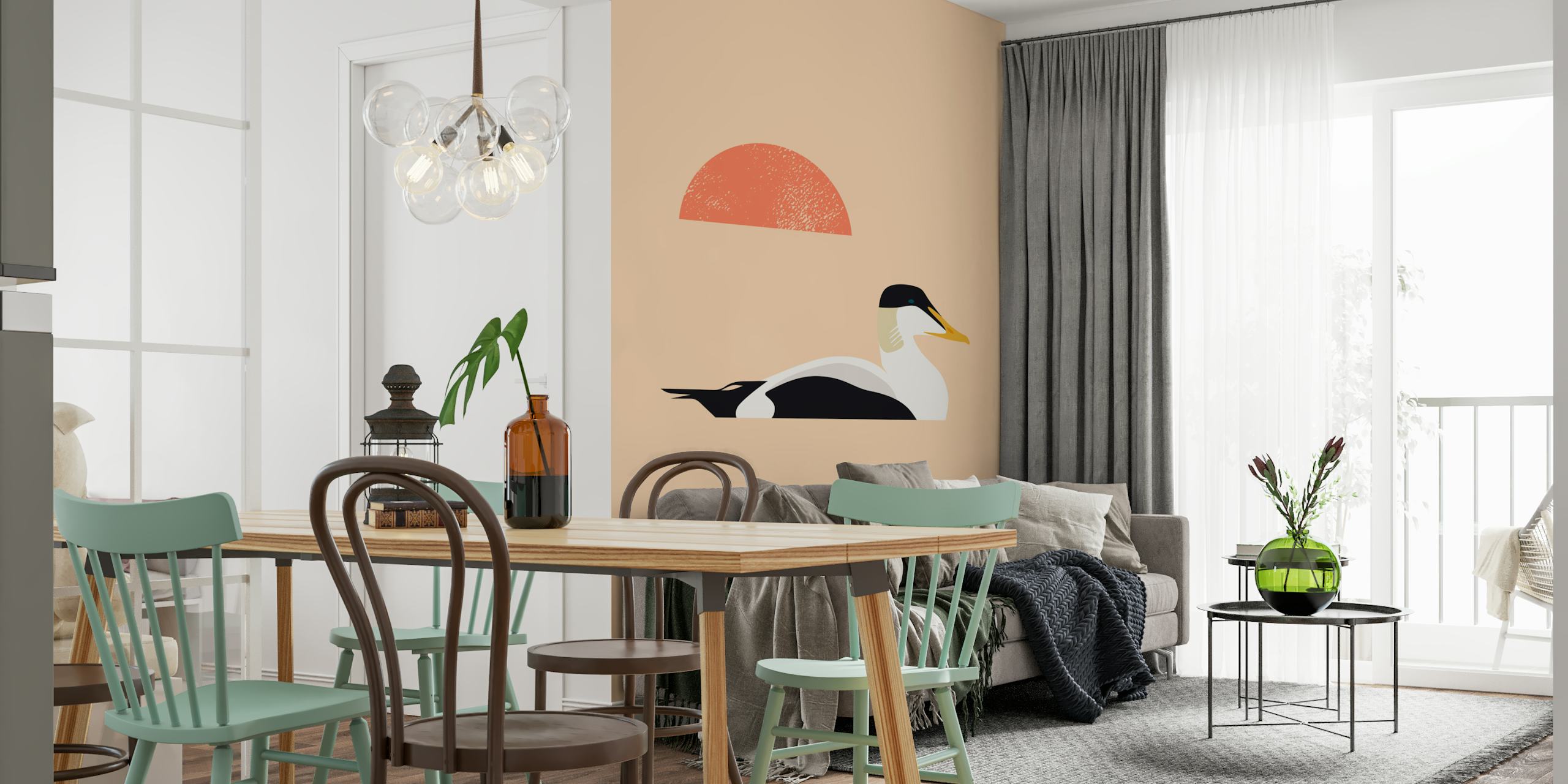 Stylized duck illustration with a coral sun behind it, on a soft peach background wallpaper