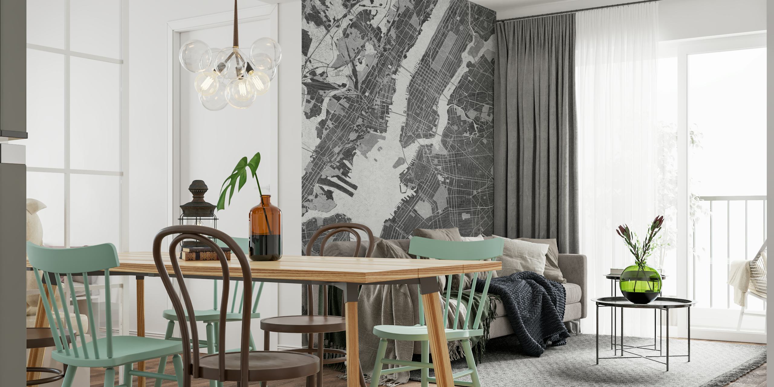 Gray vintage New York City map wallpaper in a room