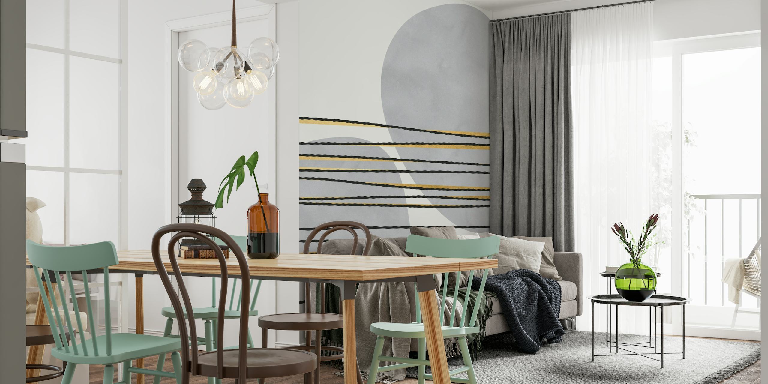 Gilded lines and shapes in gray wall mural with gold accents